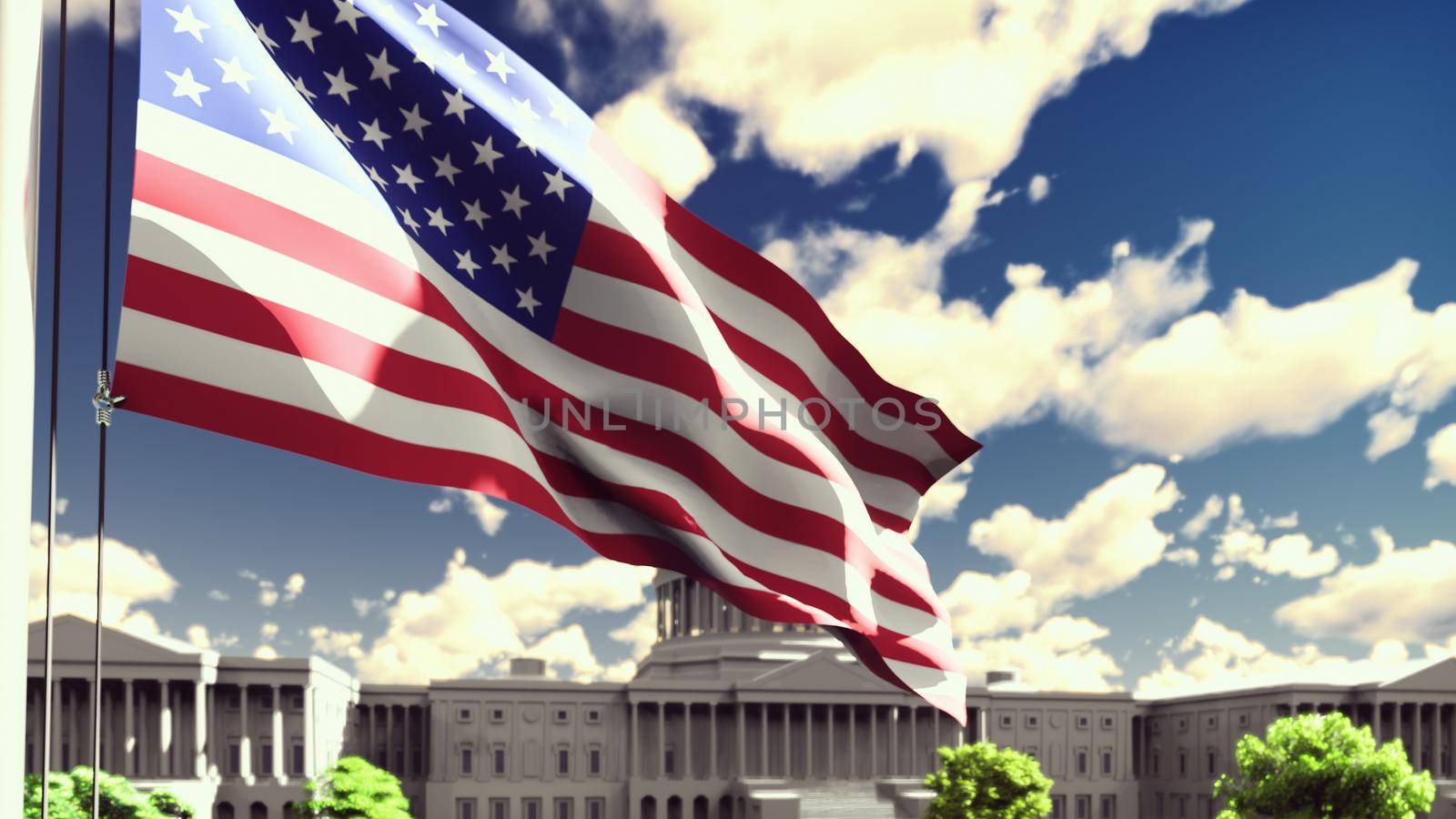 The American flag flutters in the wind on a Sunny day against the blue sky and the Capitol. The symbol of America and the American national holiday.