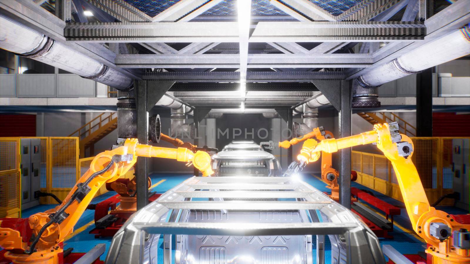 Car welding line of conveyor with frameworks of unfinished cars and robots welders. 3D Rendering by designprojects