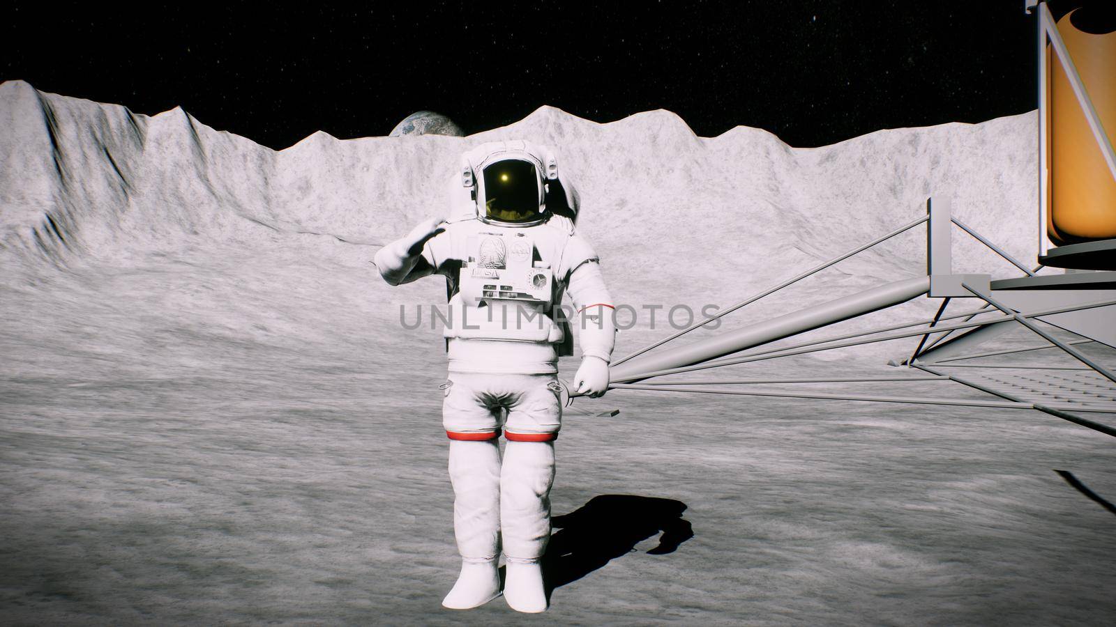 Astronaut on the moon in the crater near the lander salutes.