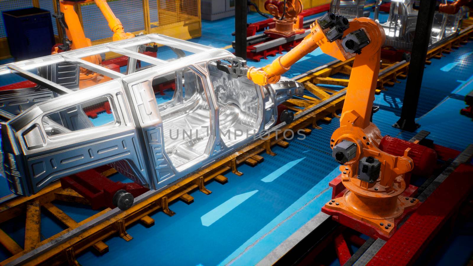 Car welding line of conveyor with frameworks of unfinished cars and robots welders.