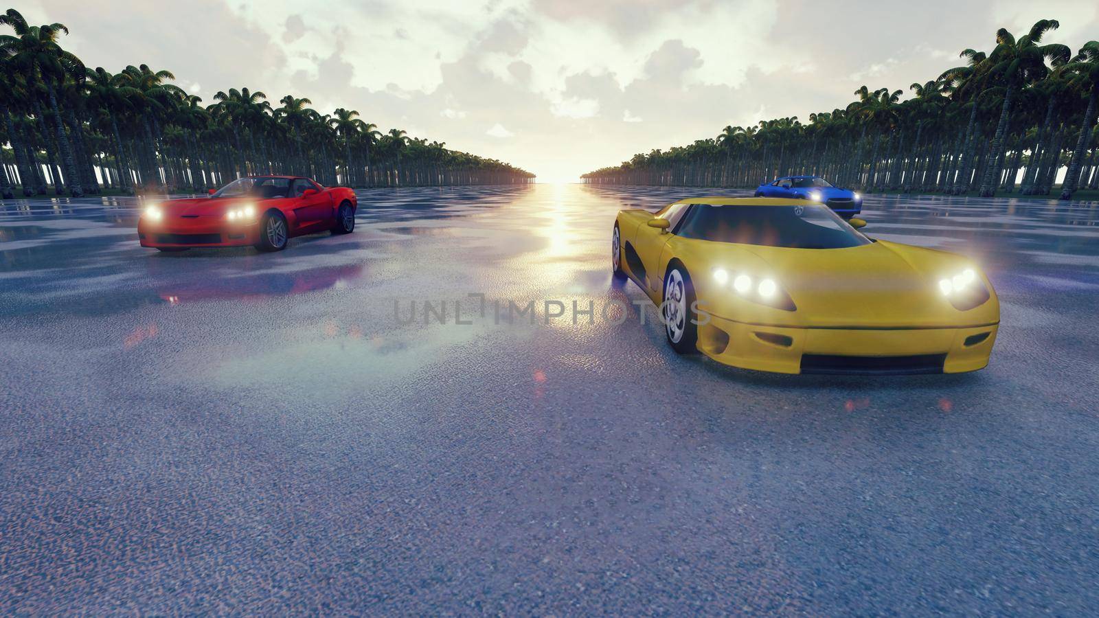 Sport car race driving on highway on sunset. 3D Rendering by designprojects