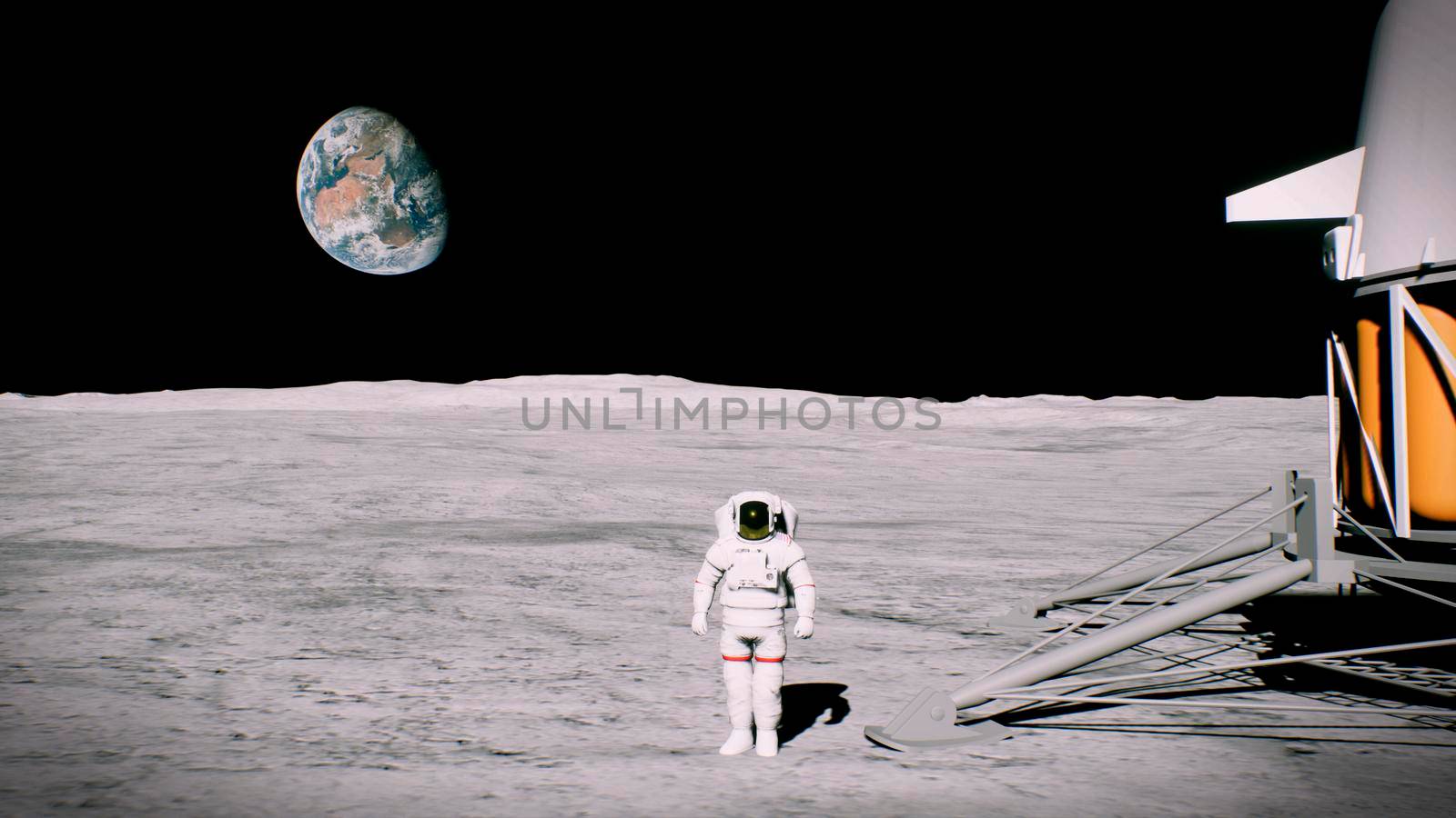 Astronaut on the moon near the lander salutes. 3D Rendering by designprojects