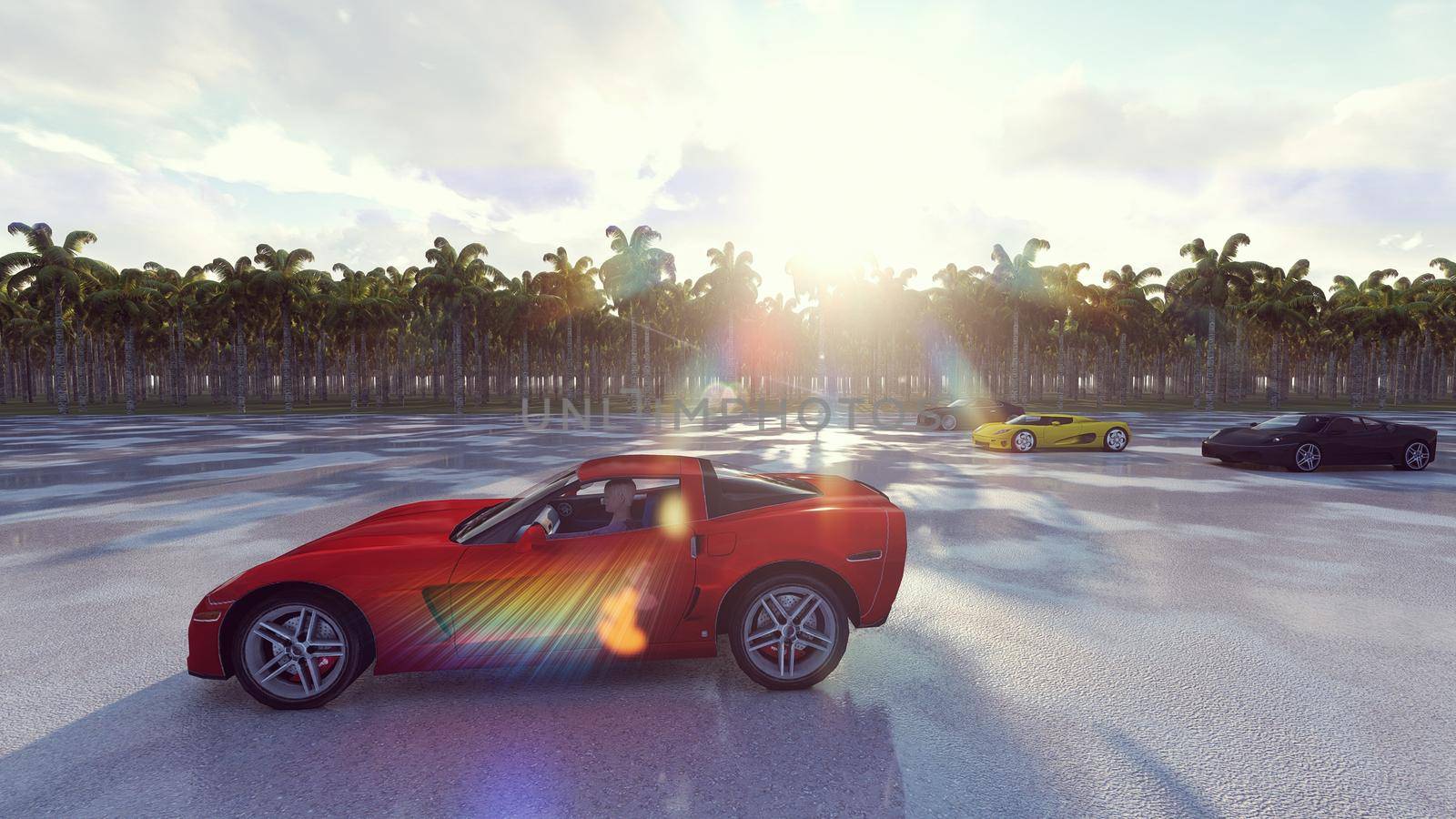 Sport car race driving on highway on sunset. 3D Rendering by designprojects