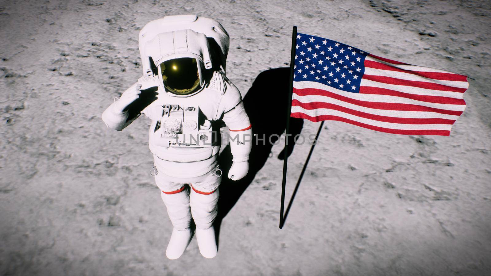 Astronaut on the moon near the us flag salutes. 3D Rendering by designprojects