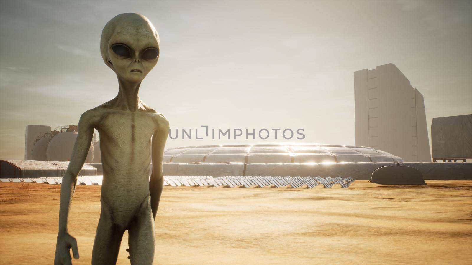 Alien returns to base after inspecting solar panels. Super realistic concept.