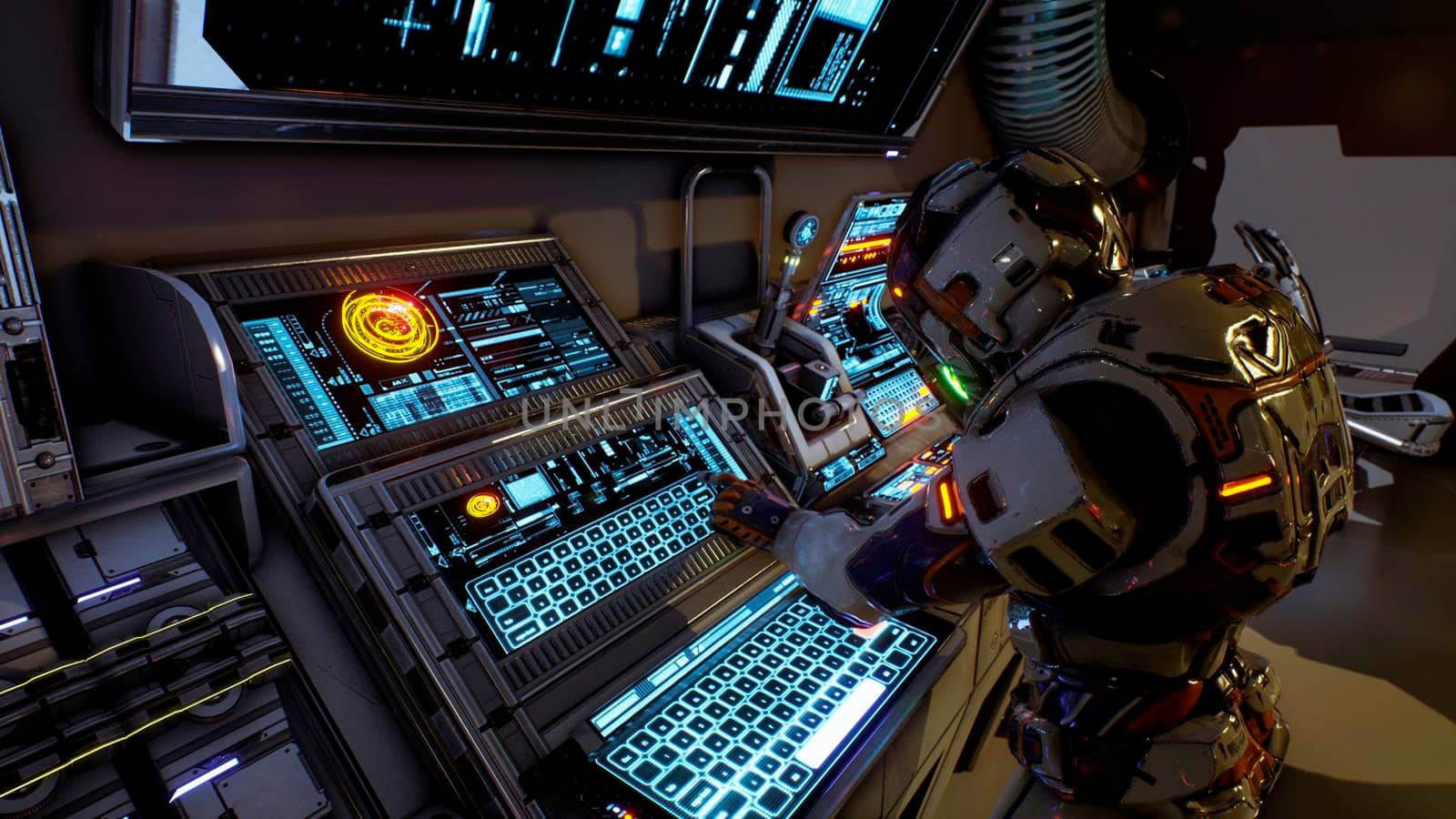 Astronaut of the future presses the keys on sci-fi screen. Realistic motion background.