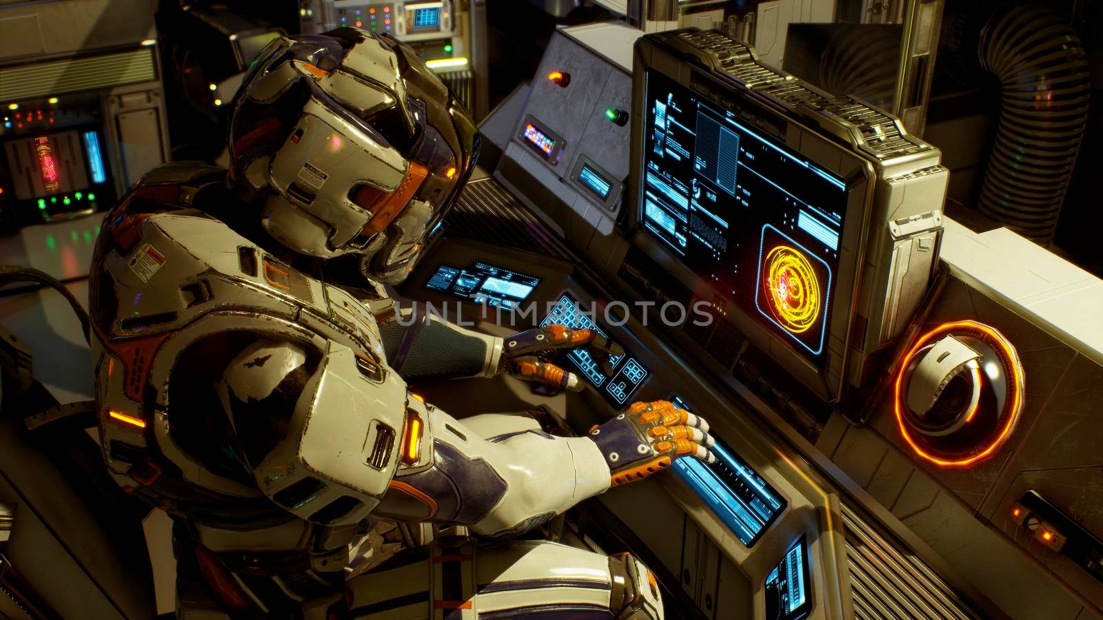 The astronaut on his spaceship running on a computer