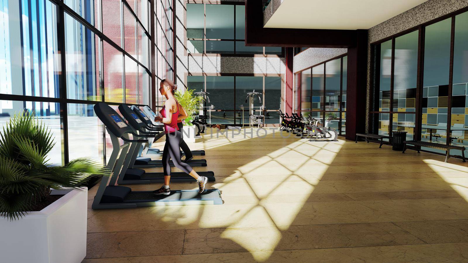 Gym with various exercise machines in it and people walking on treadmill. 3D Rendering by designprojects