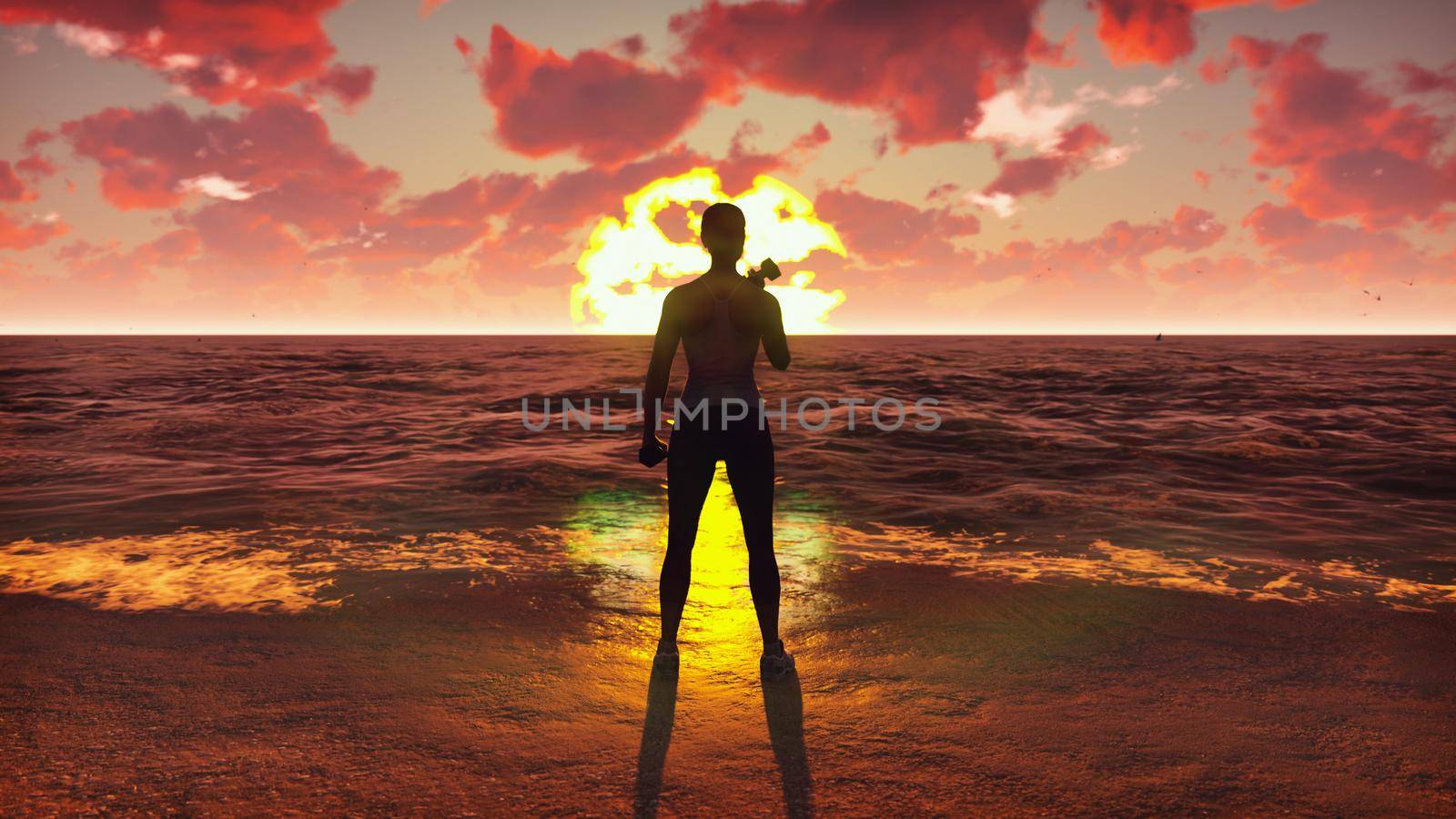 Sportswoman doing sports on the ocean at sunrise. Beautiful summer background. 3D Rendering by designprojects