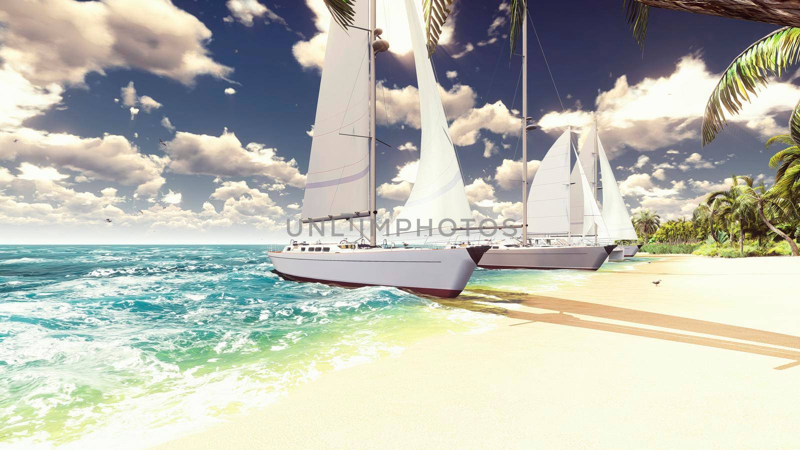 Sailboats on the beach of a desert island in the beautiful blue ocean.