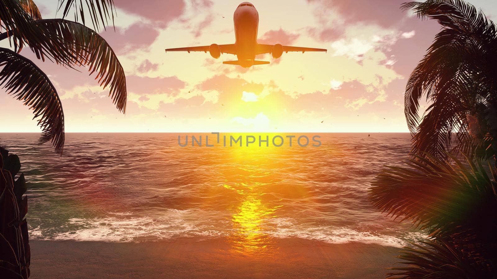 The plane flies over a tropical island on the background of a beautiful sunset