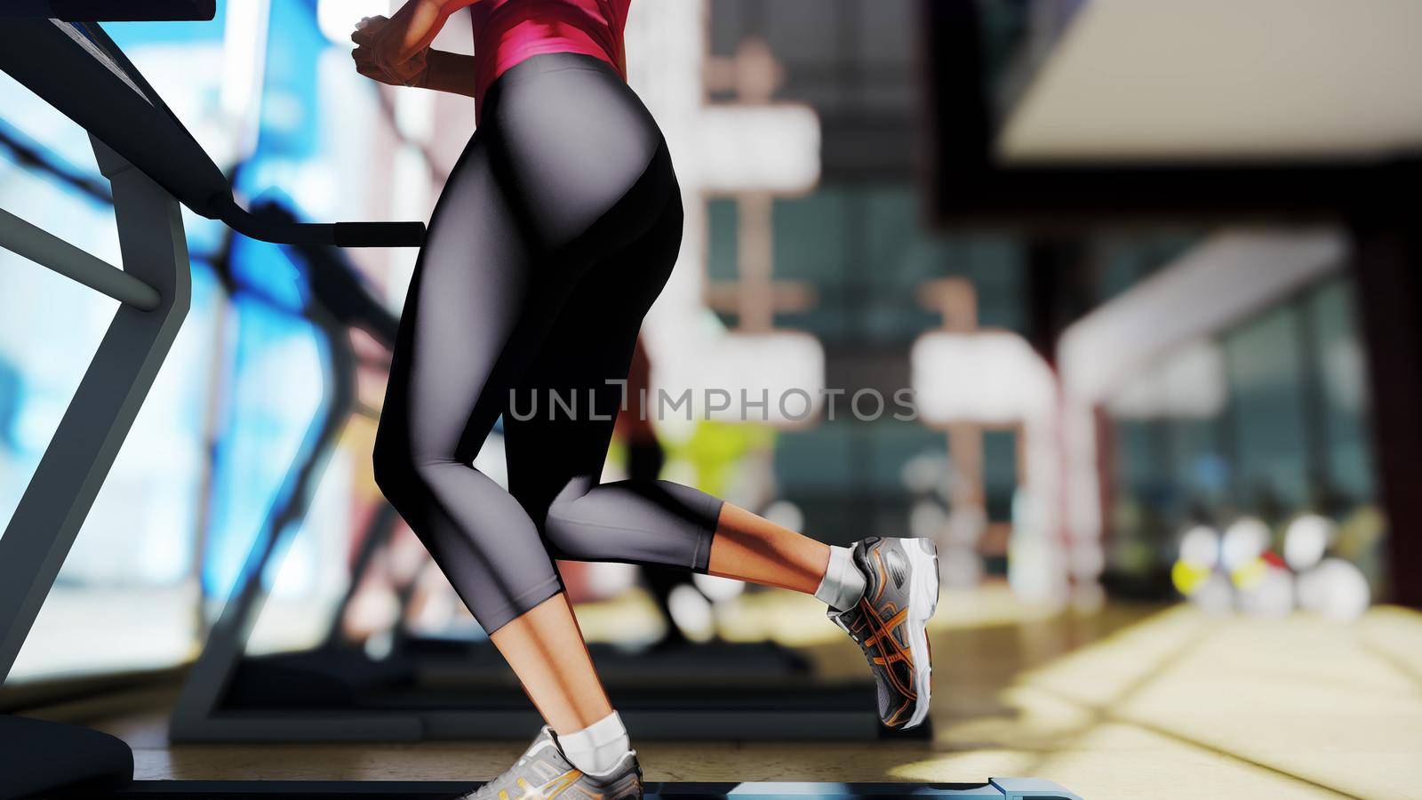 Gym with different exercise machines in it and a beautiful girl running on the treadmill. 3D Rendering by designprojects