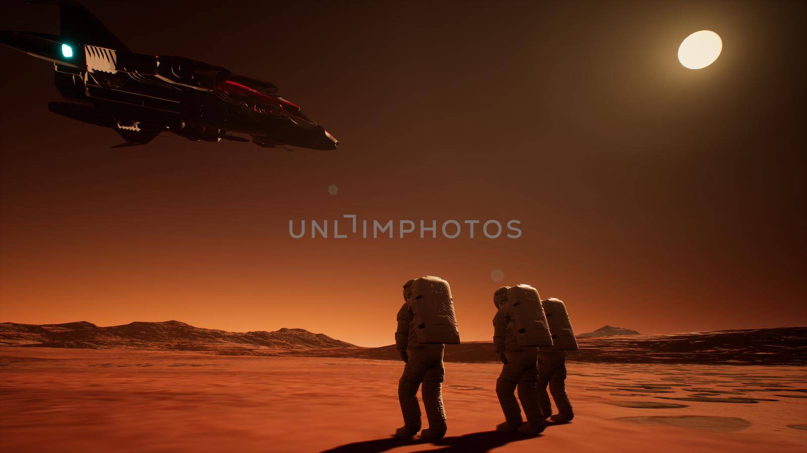 Three astronauts in spacesuits return to the spaceship. 3D Rendering by designprojects