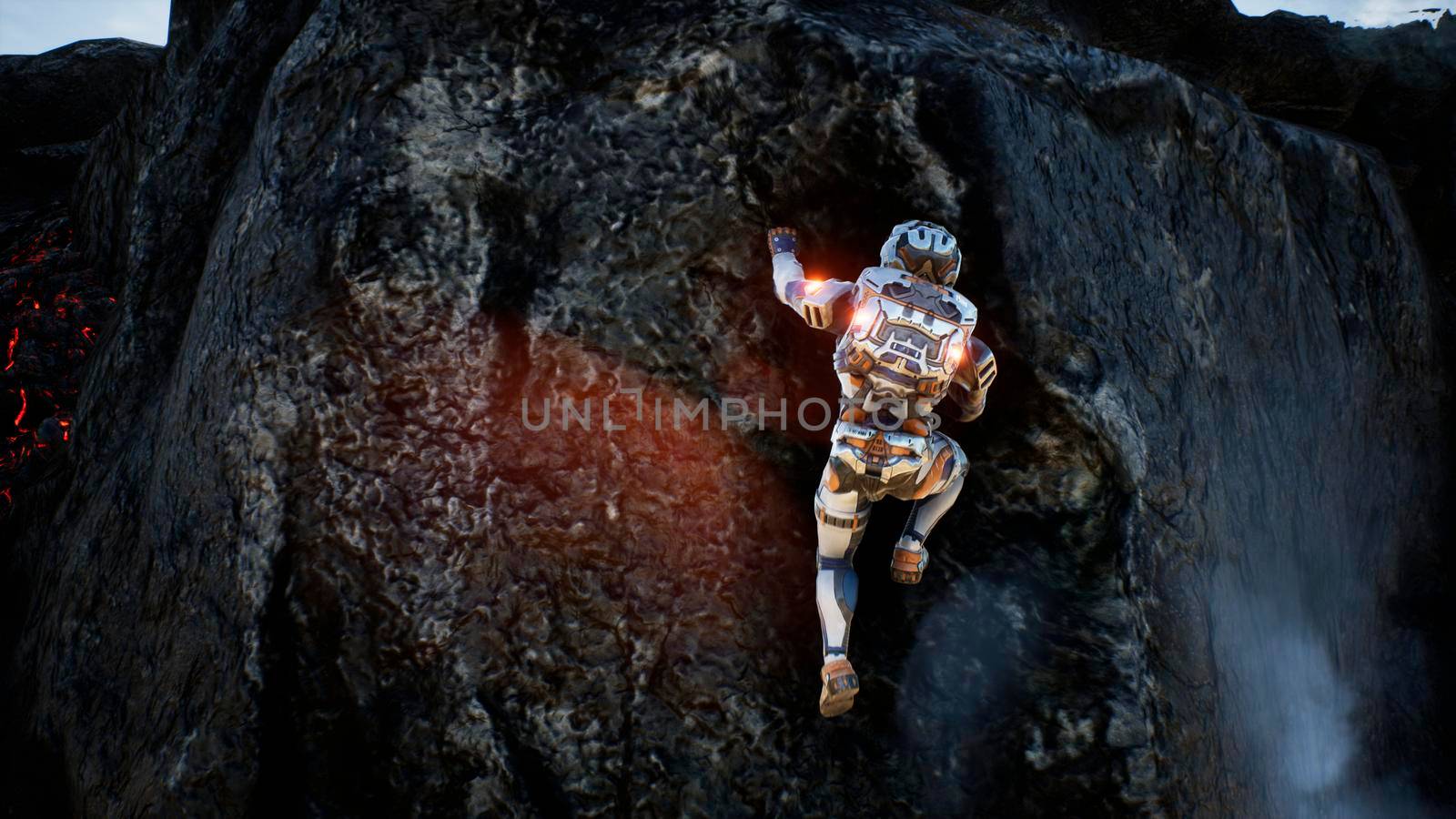 Astronaut escapes from the crater of the volcano. Super realistic concept. 3D Rendering by designprojects