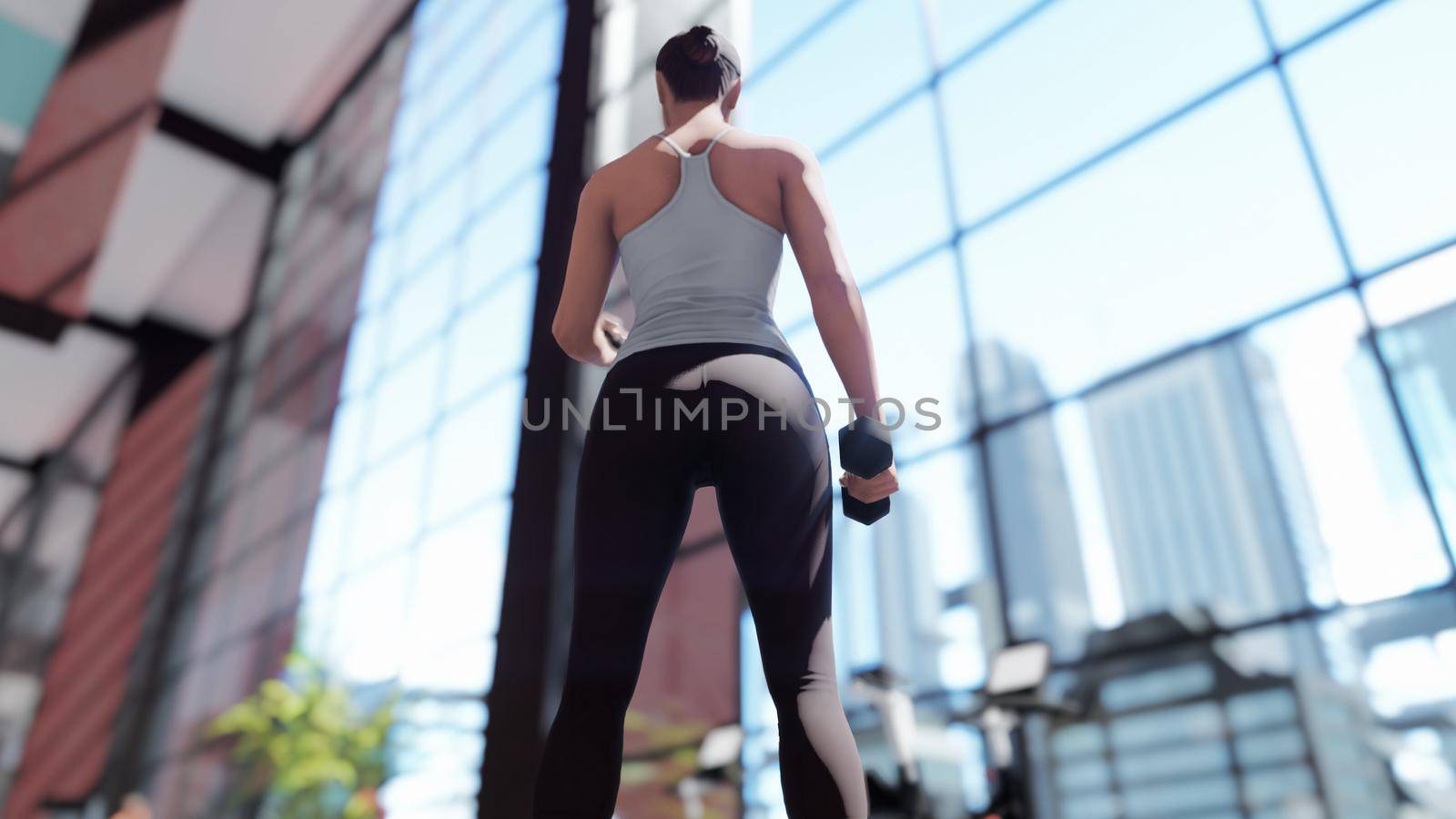 Gym with a variety of exercise equipment and a sportswoman doing sports. 3D Rendering by designprojects