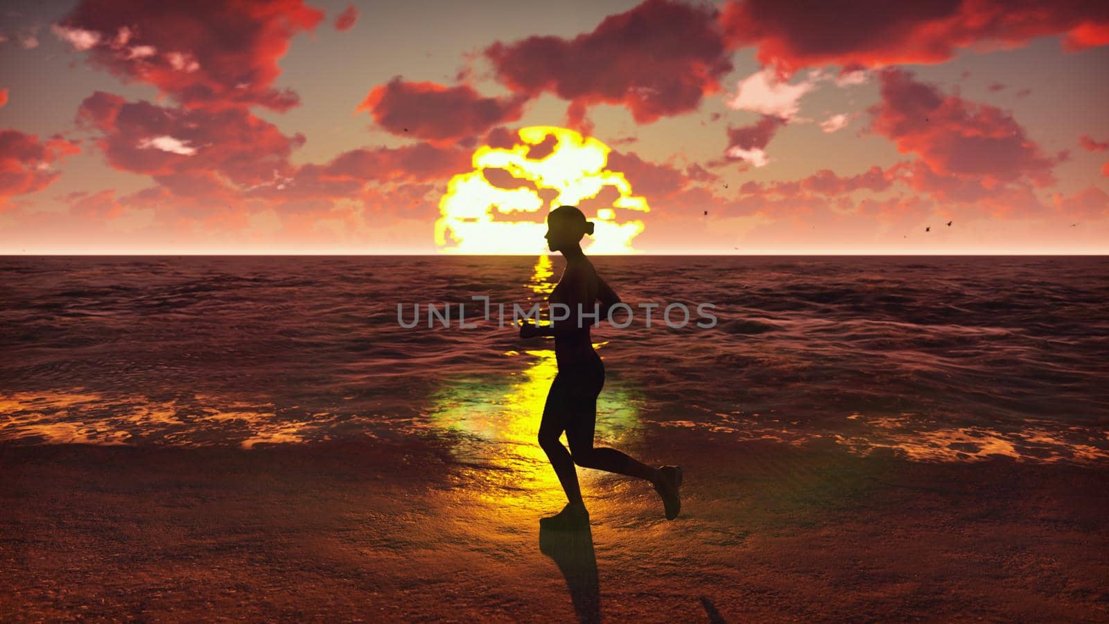 Sportswoman runs along the beach ocean at sunrise. Beautiful summer background. 3D Rendering by designprojects