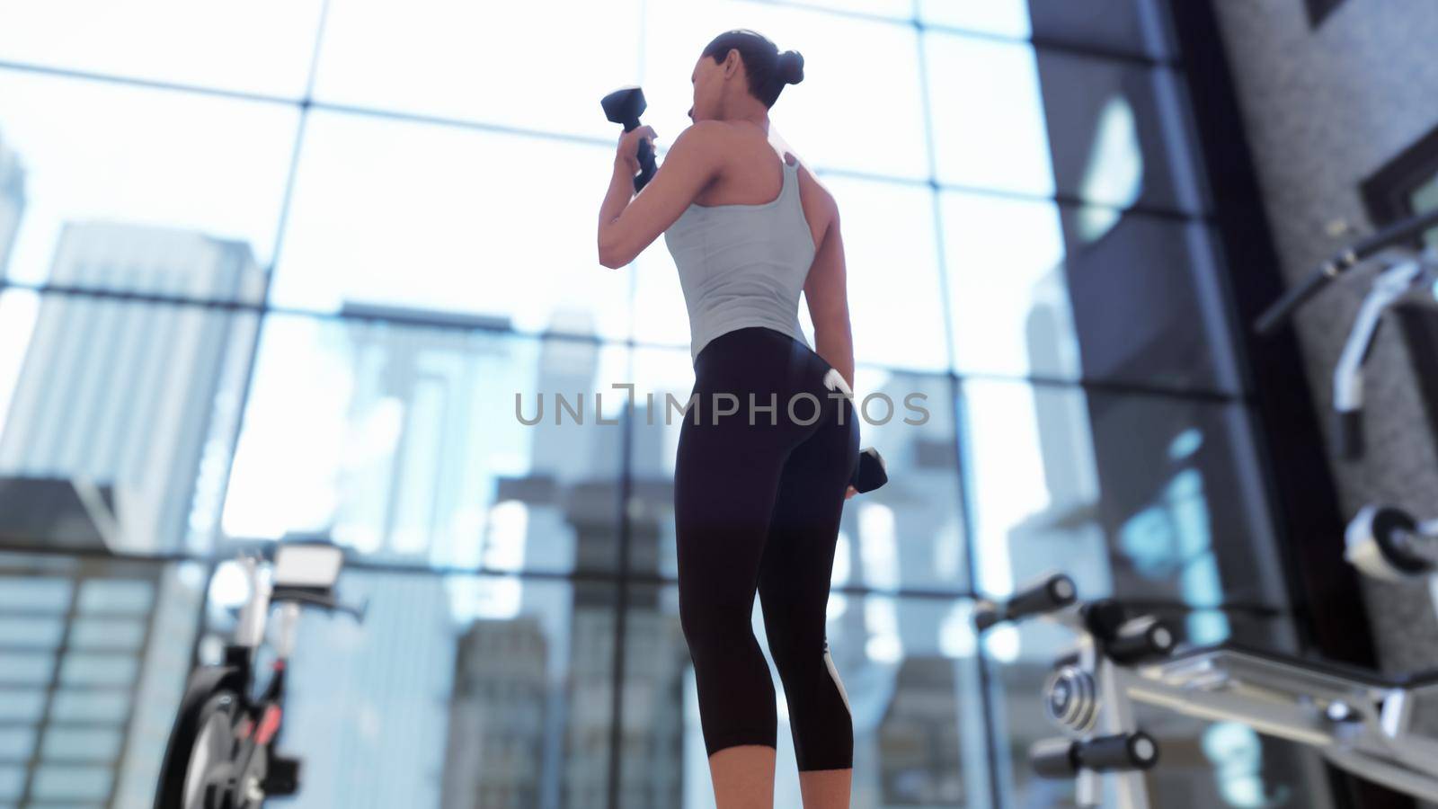 Gym with a variety of exercise equipment and a sportswoman doing sports. 3D Rendering by designprojects