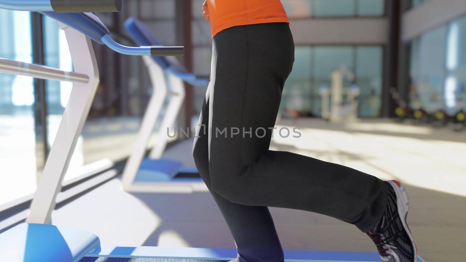 Gym with different exercise machines in it and a sportsman running on the treadmill. 3D Rendering by designprojects