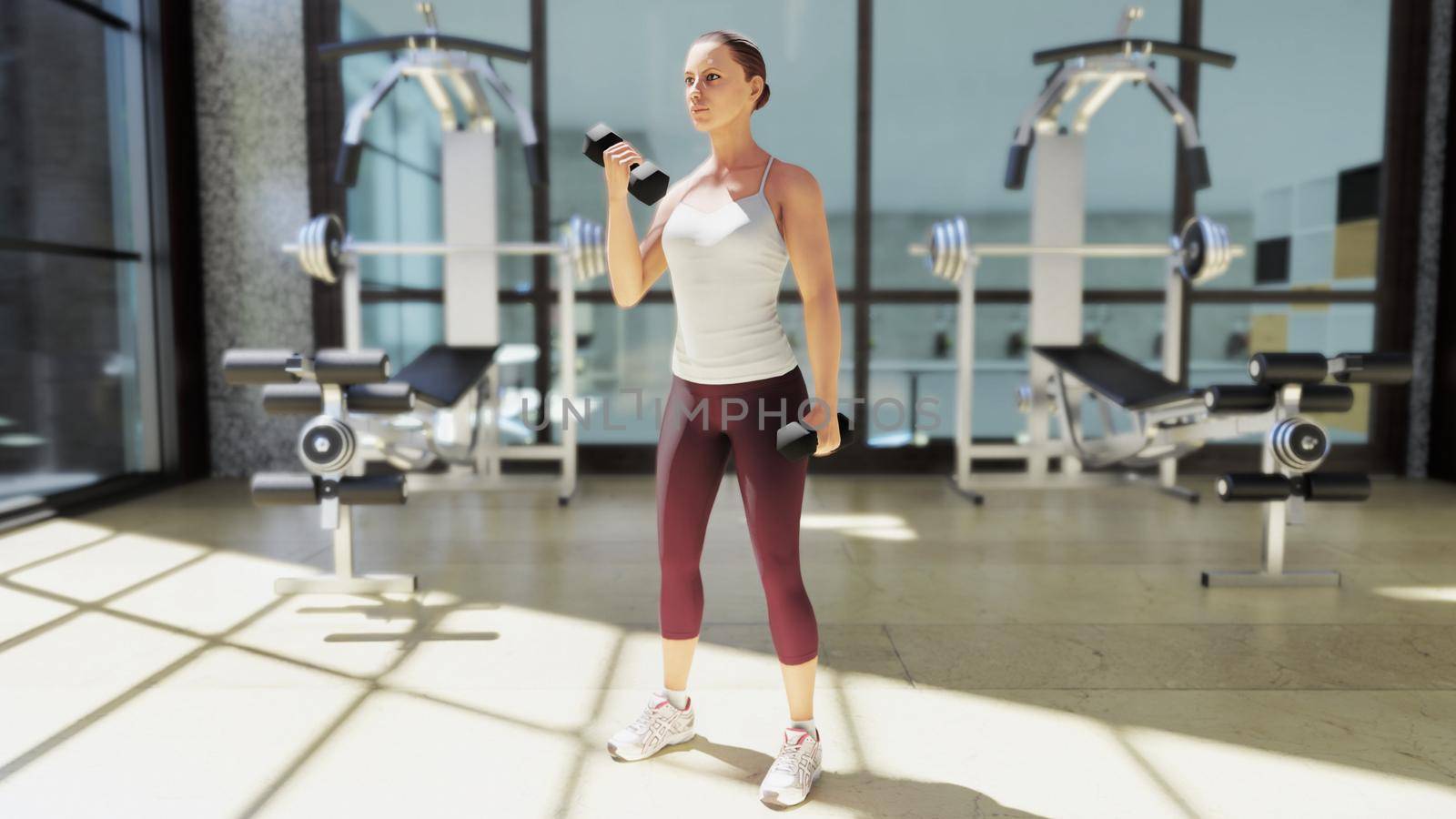 Gym with a variety of exercise equipment and a sportswoman doing sports. 3D Rendering by designprojects