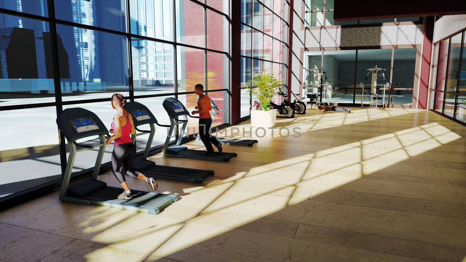 Gym with various exercise machines in it and people walking on treadmill. 3D Rendering by designprojects