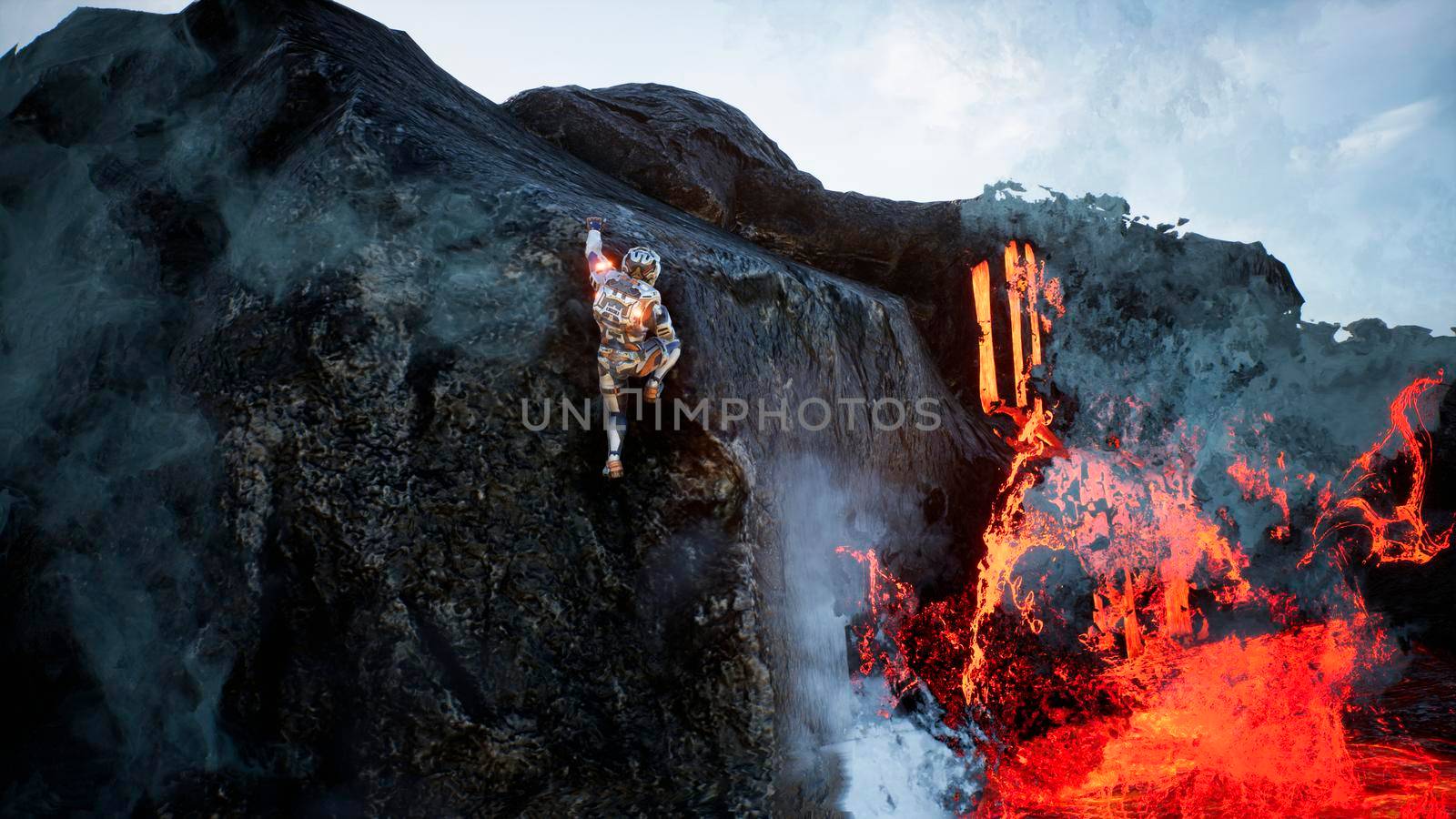 Astronaut escapes from the crater of the volcano. Super realistic concept. 3D Rendering by designprojects