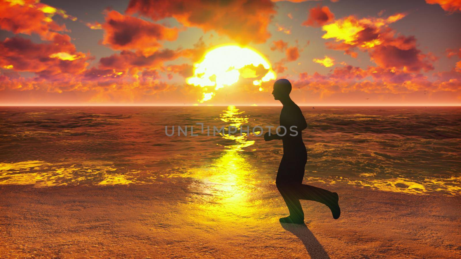 Sportsman runs along the beach ocean at sunrise. Beautiful summer background. 3D Rendering by designprojects