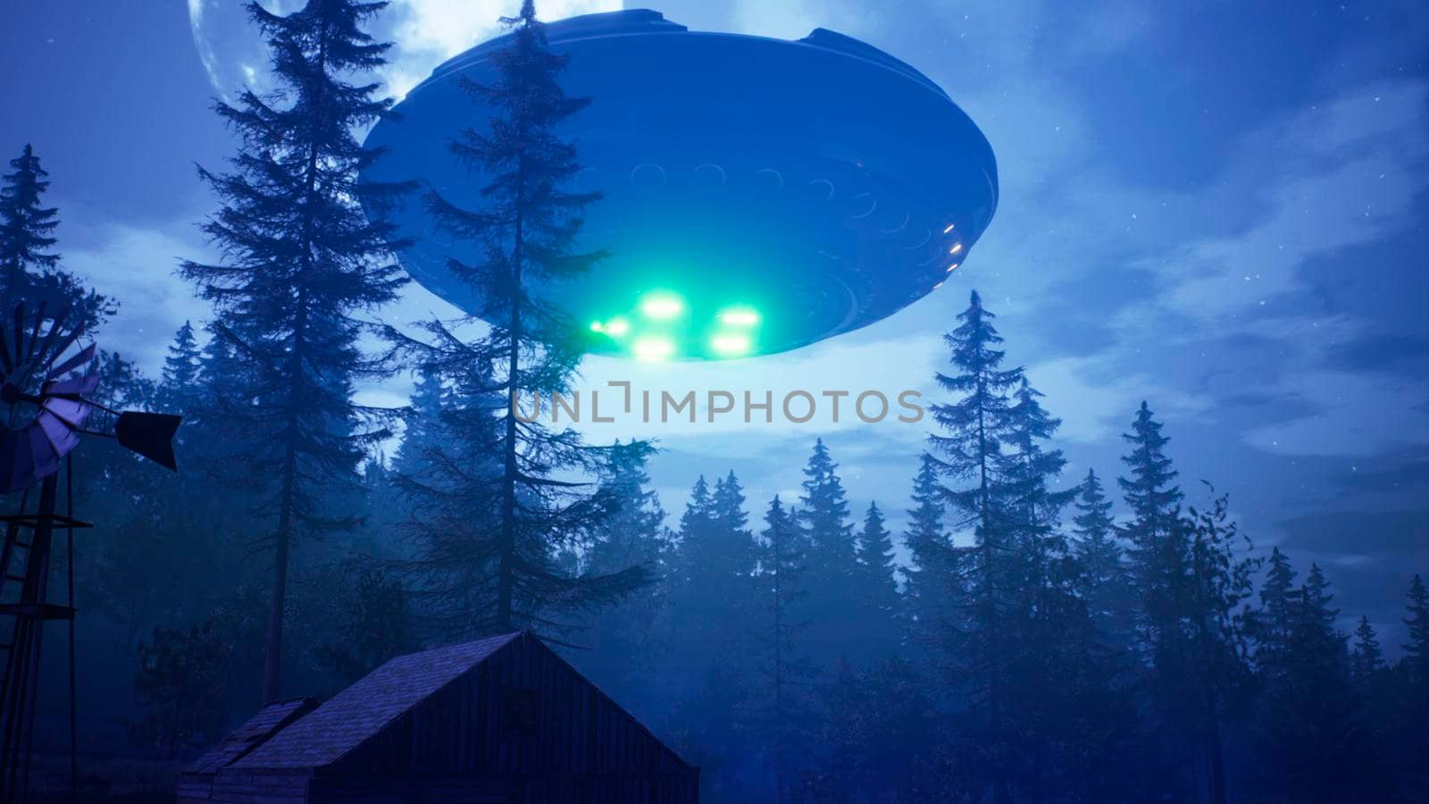 UFO flies over the forest and scans the house. 3D Rendering by designprojects