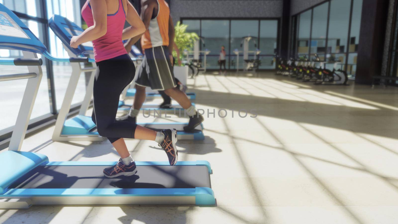Gym with various exercise machines in it and people walking on treadmill at sunny day. 3D Rendering by designprojects