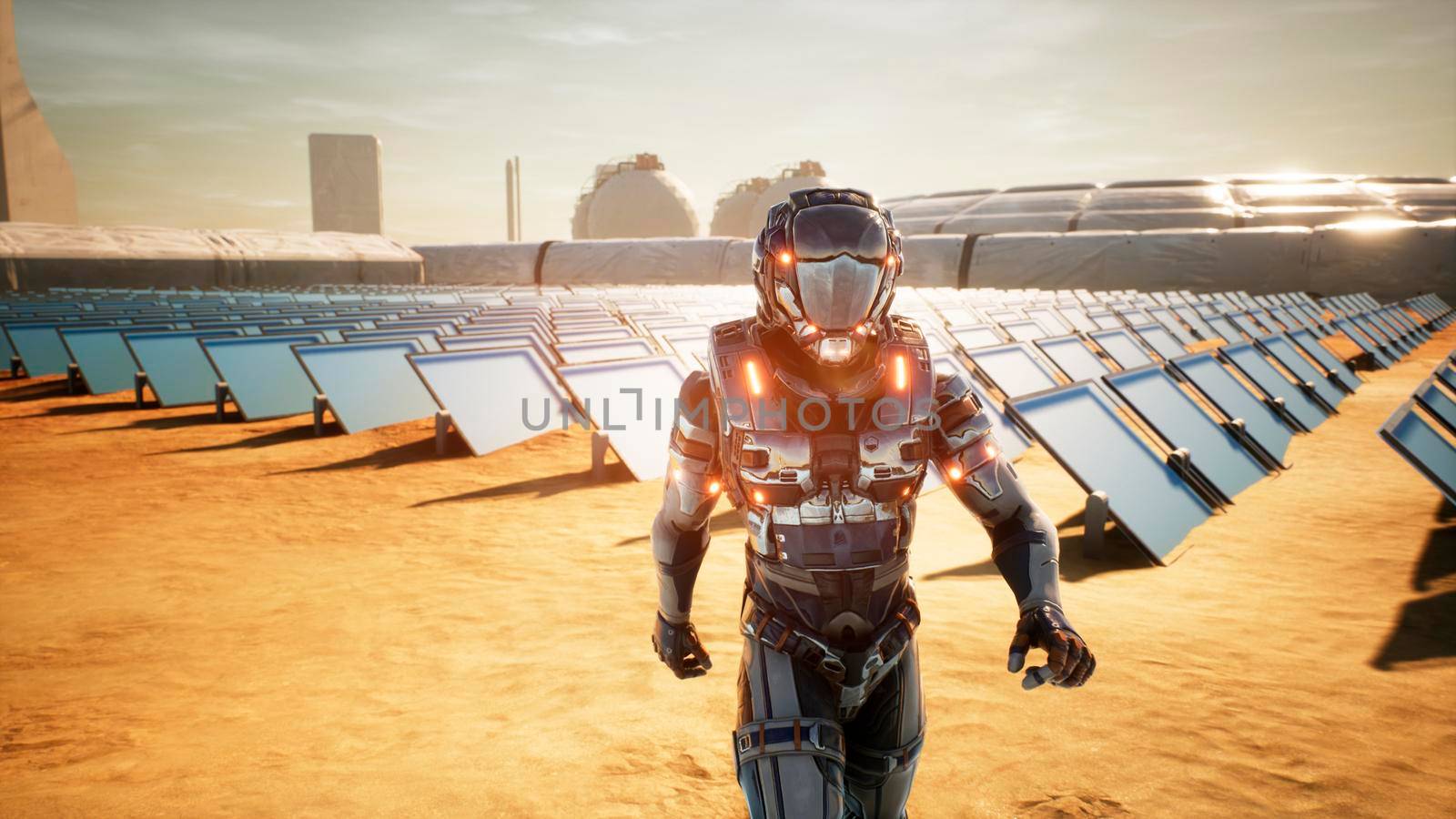 Astronaut martian returns to base after inspecting solar panels. Super realistic concept. 3D Rendering by designprojects