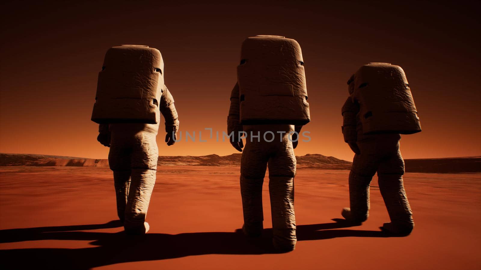Three astronauts in spacesuits confidently walk on Mars in search of life