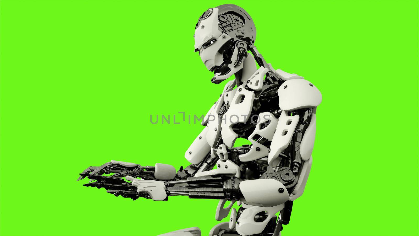 Robot android playing the piano. Realistic motion on green screen background. 