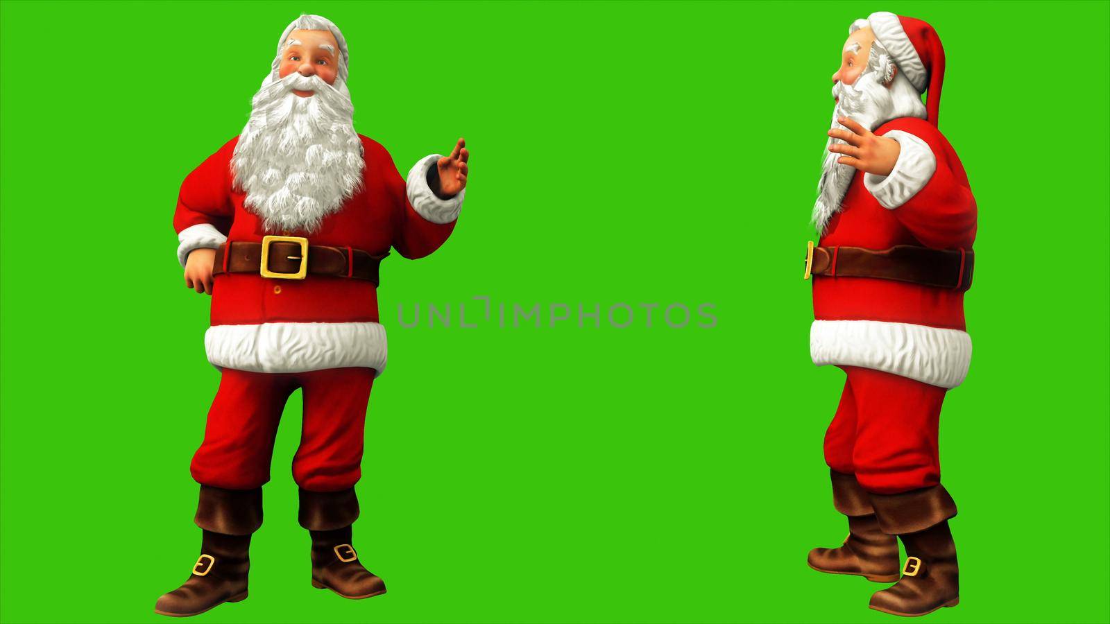 Cheerful Santa Claus is saying something on the green screen during Christmas.