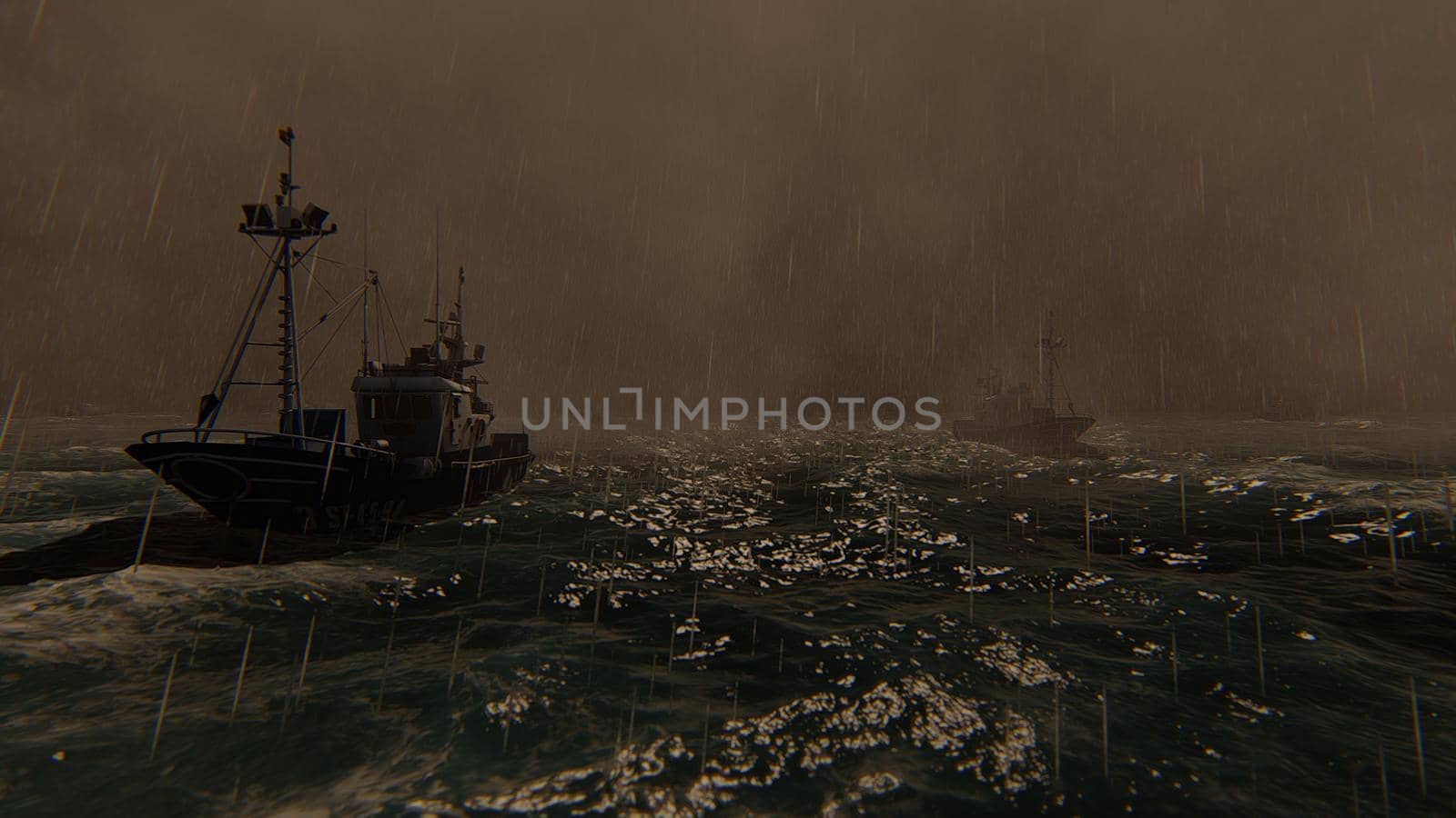 View of the Sea storm and commercial fishing boats. 3D Rendering by designprojects