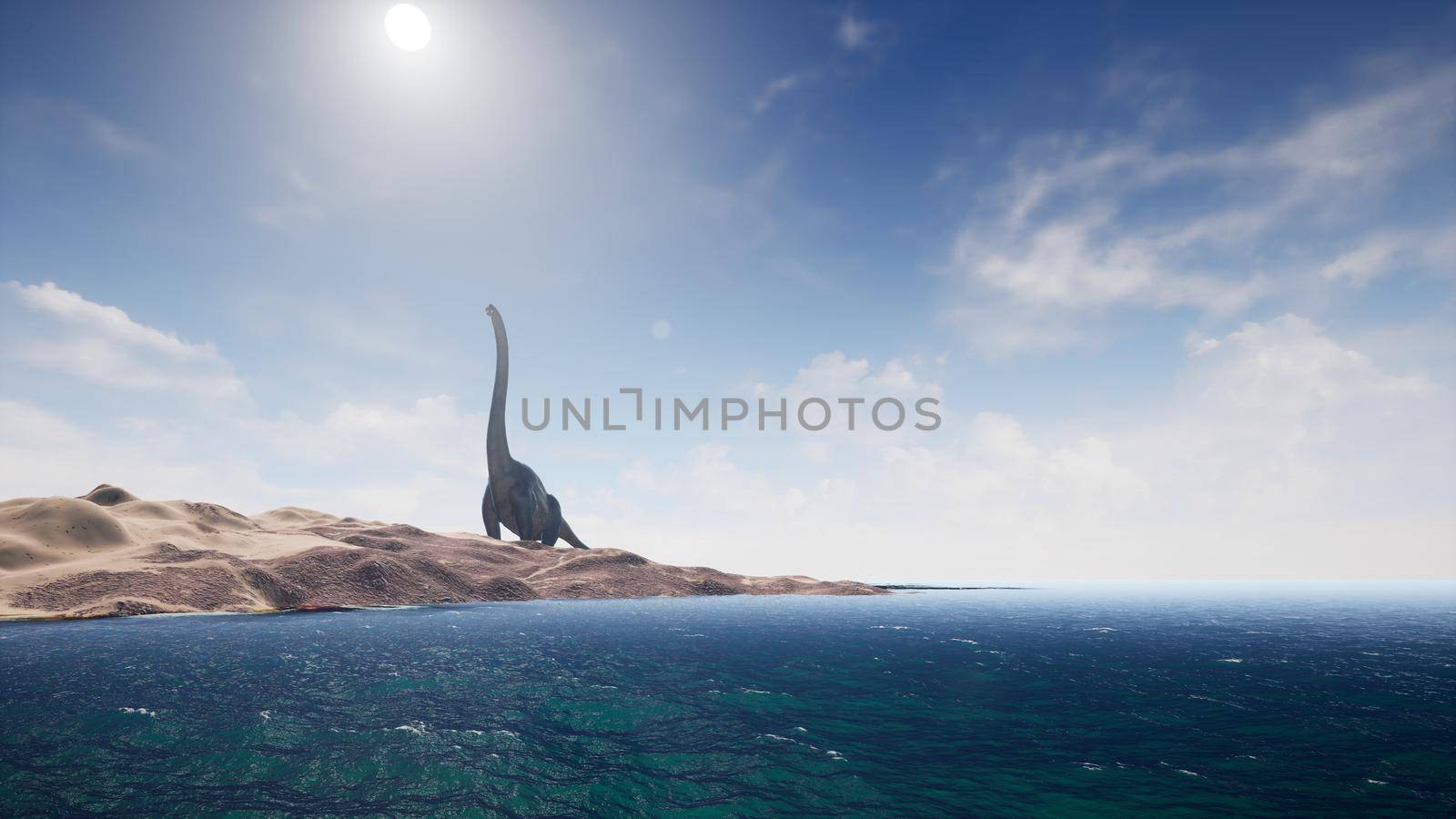 Dinosaurs in prehistoric period on sand landscape. Realistic render.