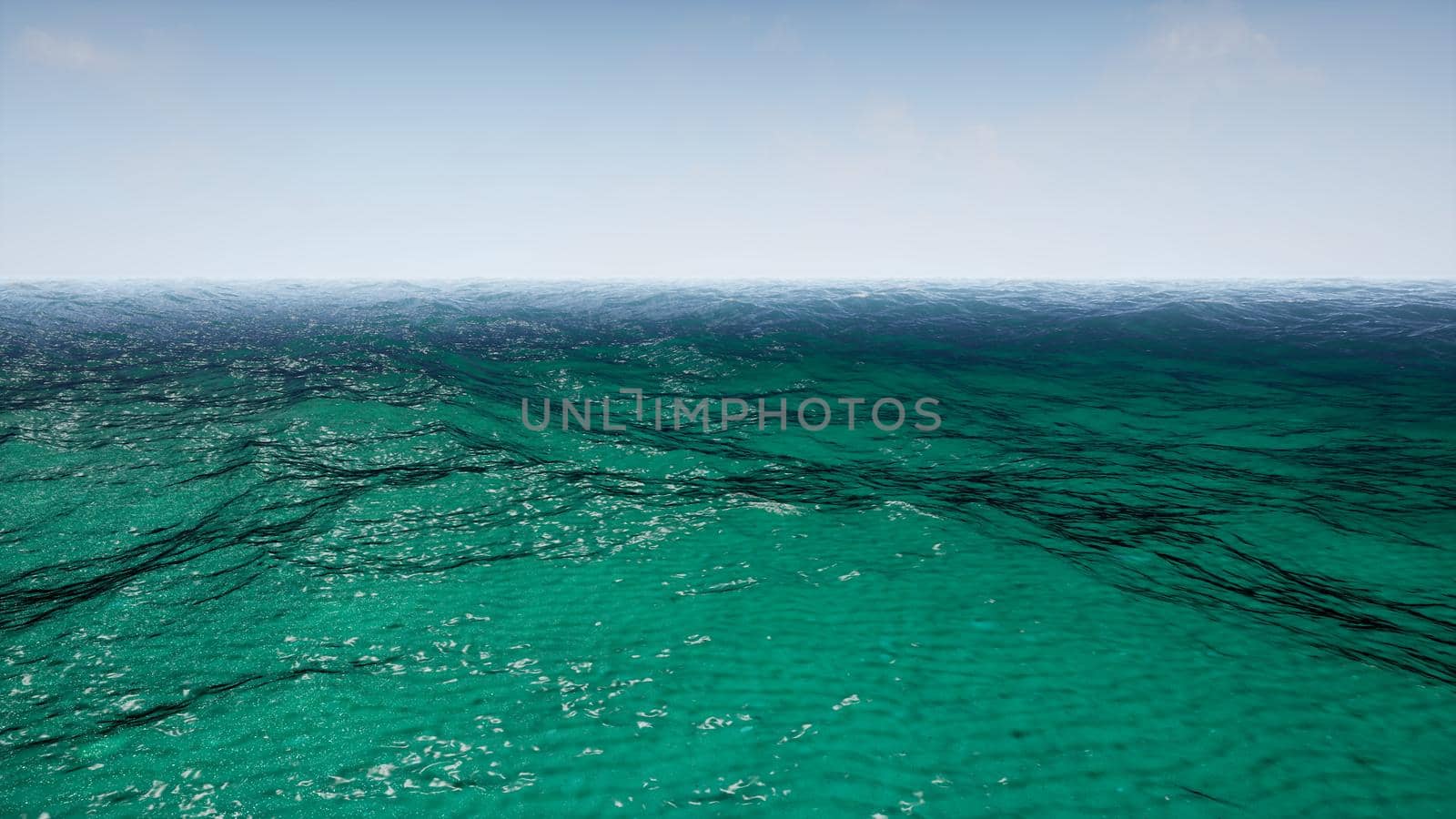 Flying over calm ocean blue sky.