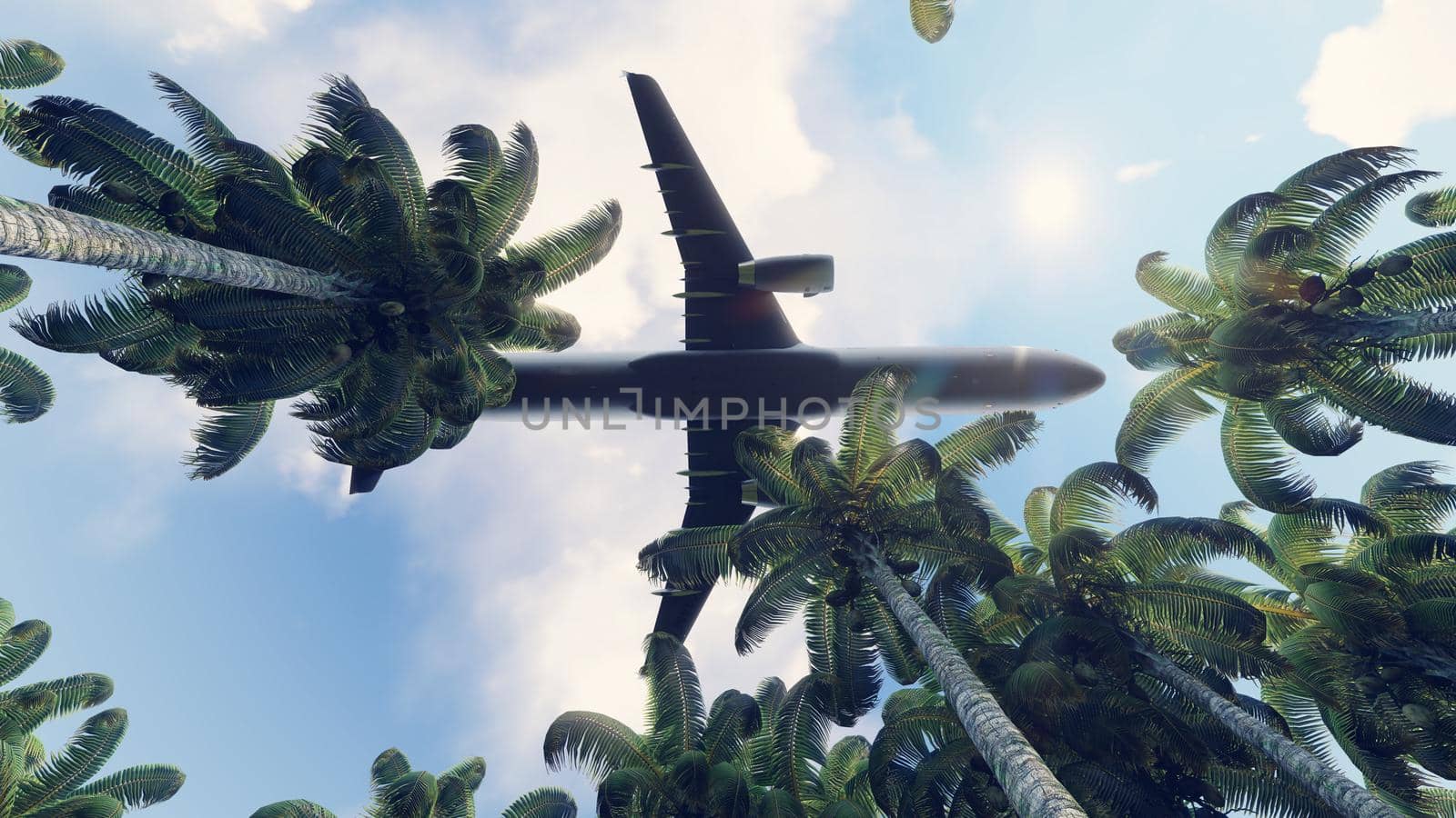 Passenger plane flies over the green jungle.