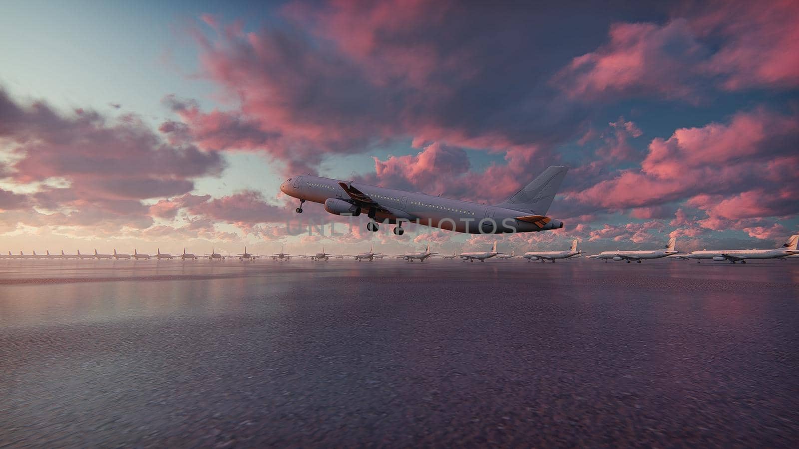 Plane takes off at sunset background