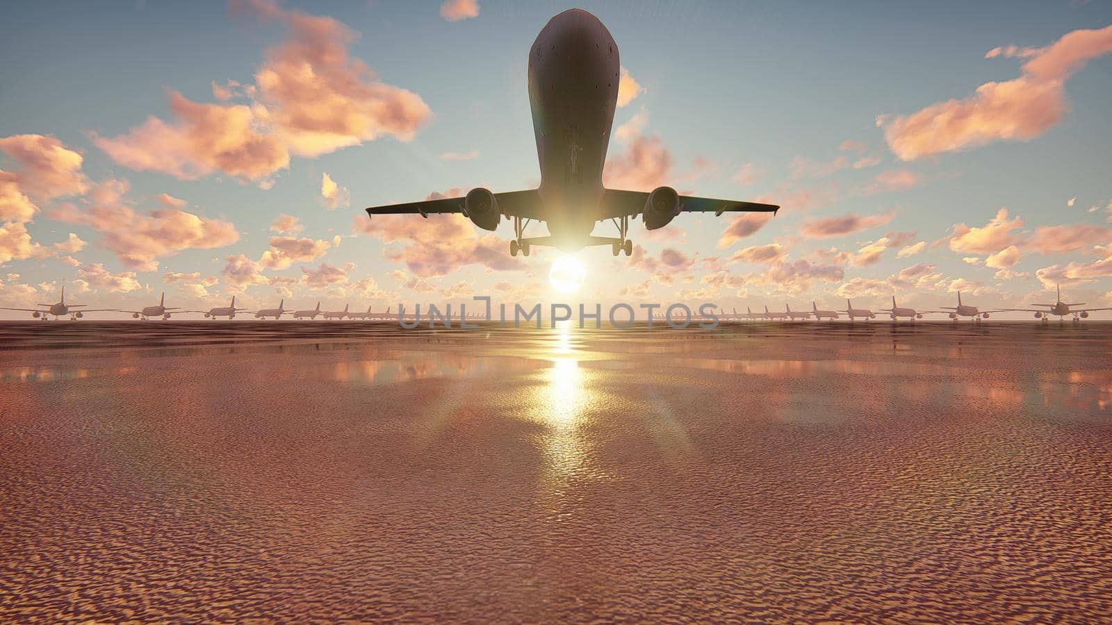 Plane takes off at sunrise background