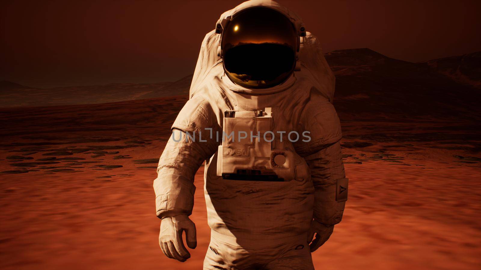 Astronaut in spacesuit confidently walk on Mars in search of life.