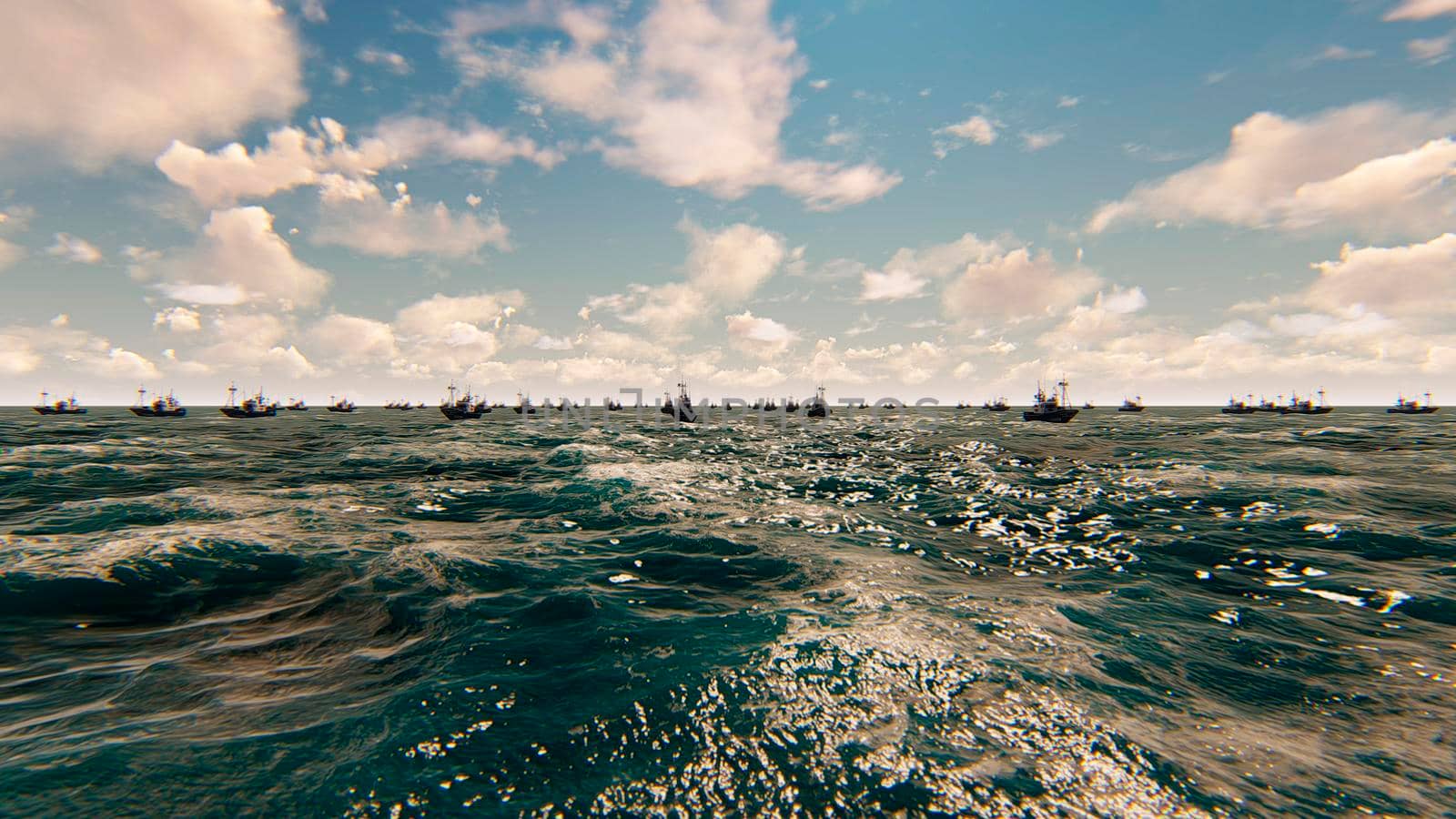 View of the Beautiful Blue Calm Sea and commercial fishing boats. 3D Rendering by designprojects