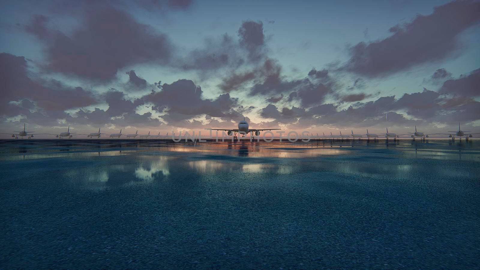 Plane takes off at sunset background in slow motion