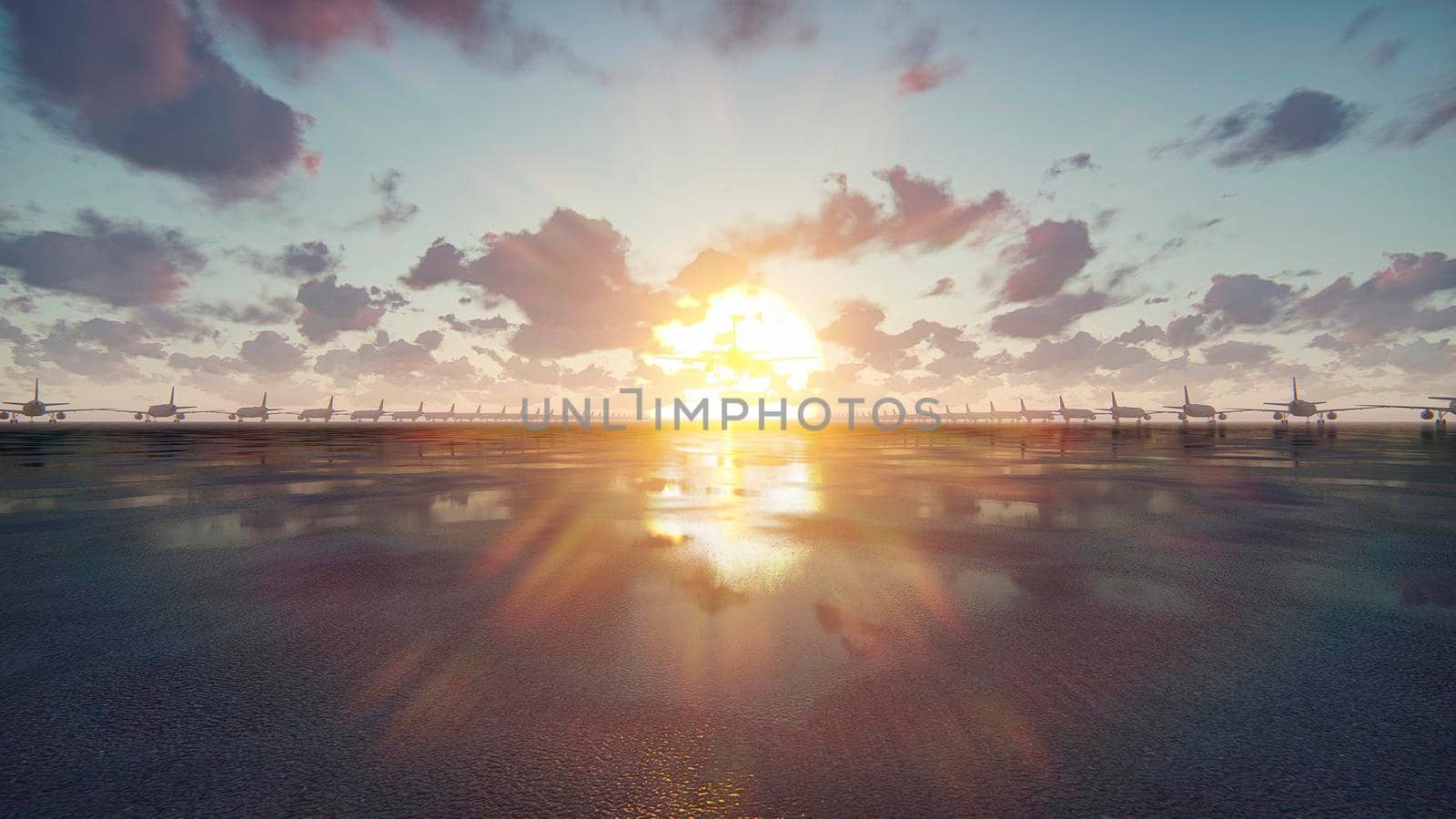 Plane takes off at sunrise or sunset background in slow motion