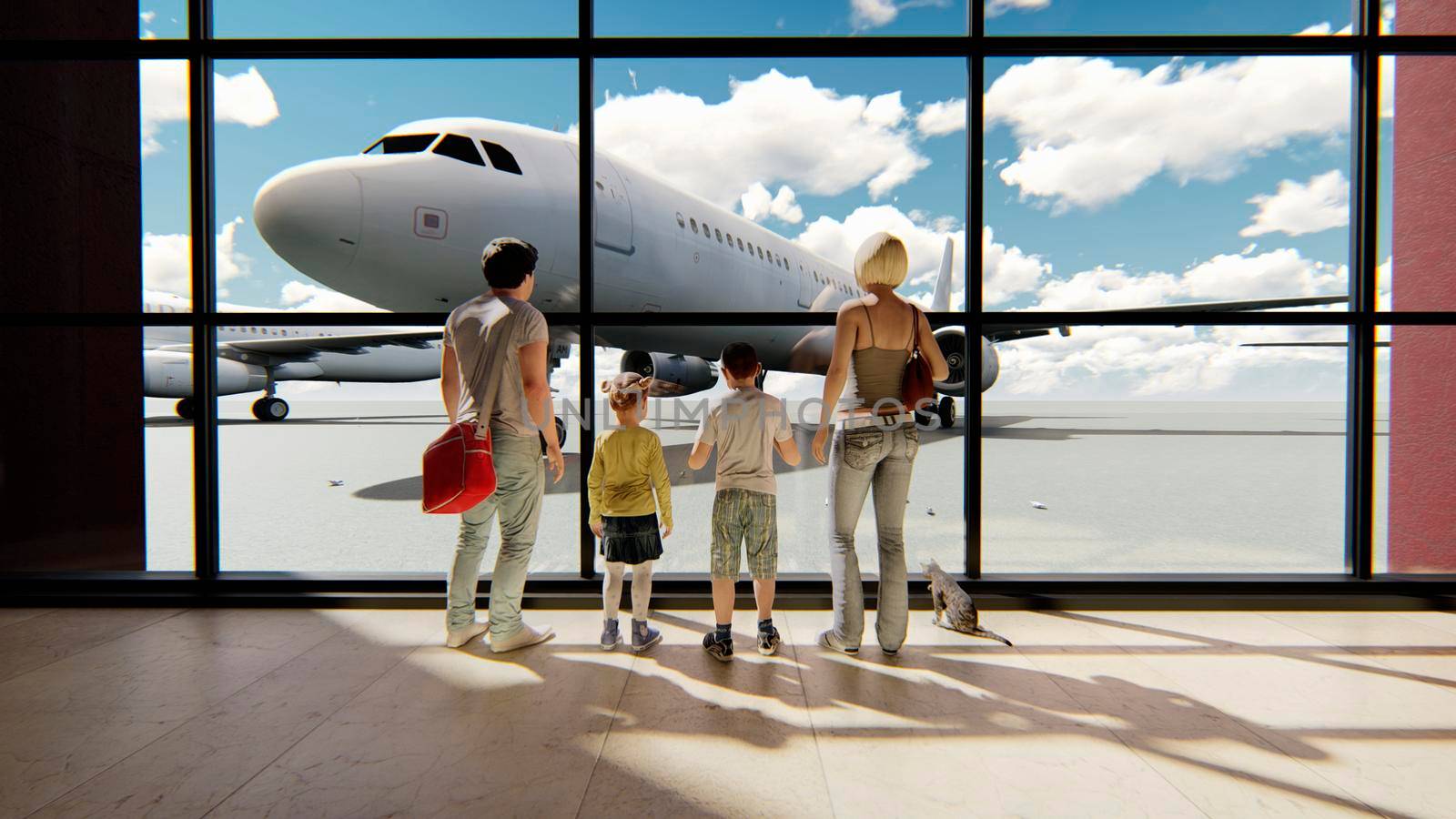 Happy family in airport near window looking on airplanes and waiting for time of flight at sunrise