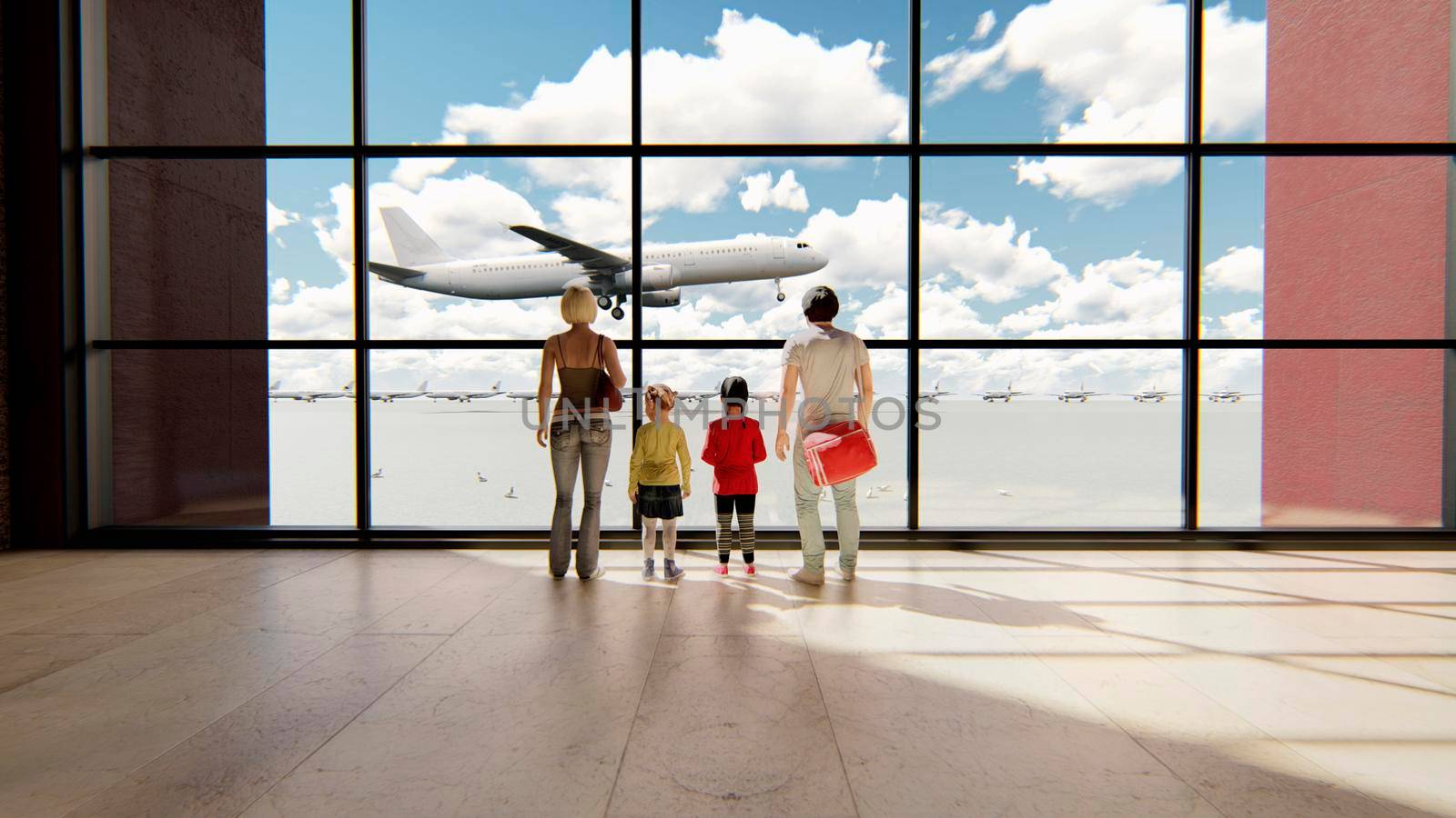 Happy family in airport near window looking on airplanes and waiting for time of flight at sunrise