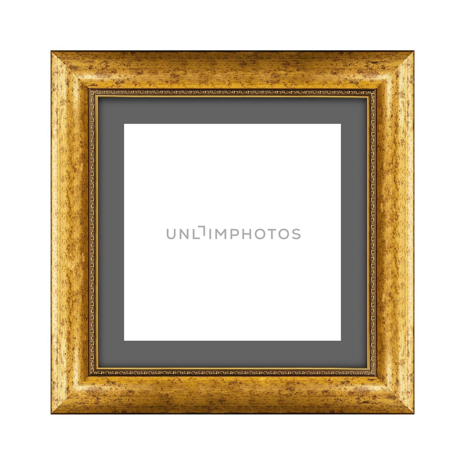 gold wooden frame for picture or photo, frame for a mirror isolated on white background. With clipping path