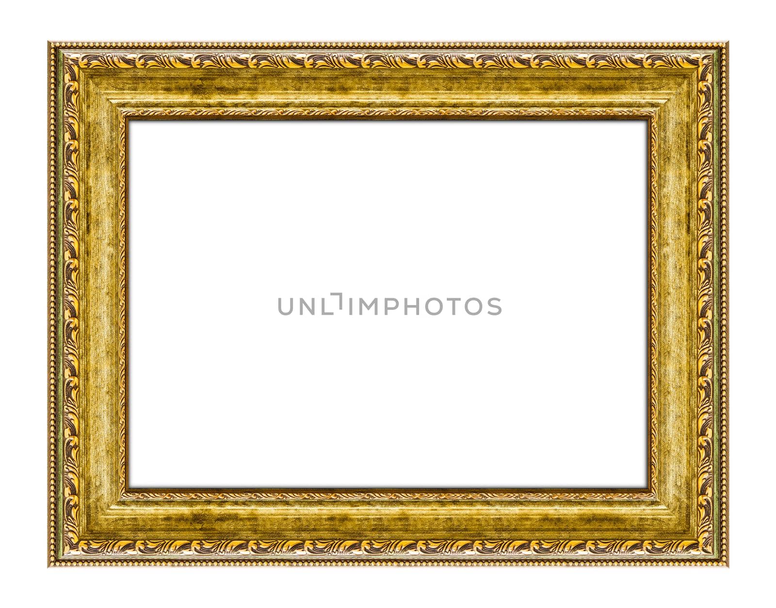 Gold wooden frame for picture or photo, frame for a mirror isolated on white background. With clipping path