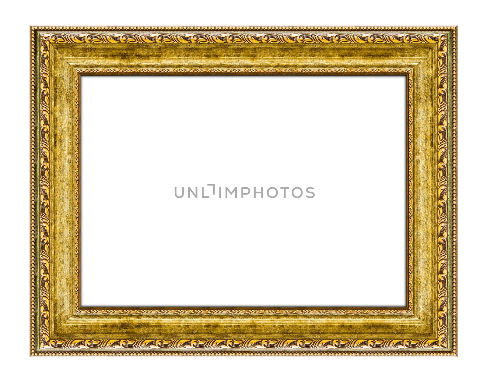 Gold wooden frame for picture or photo, frame for a mirror isolated on white background. With clipping path