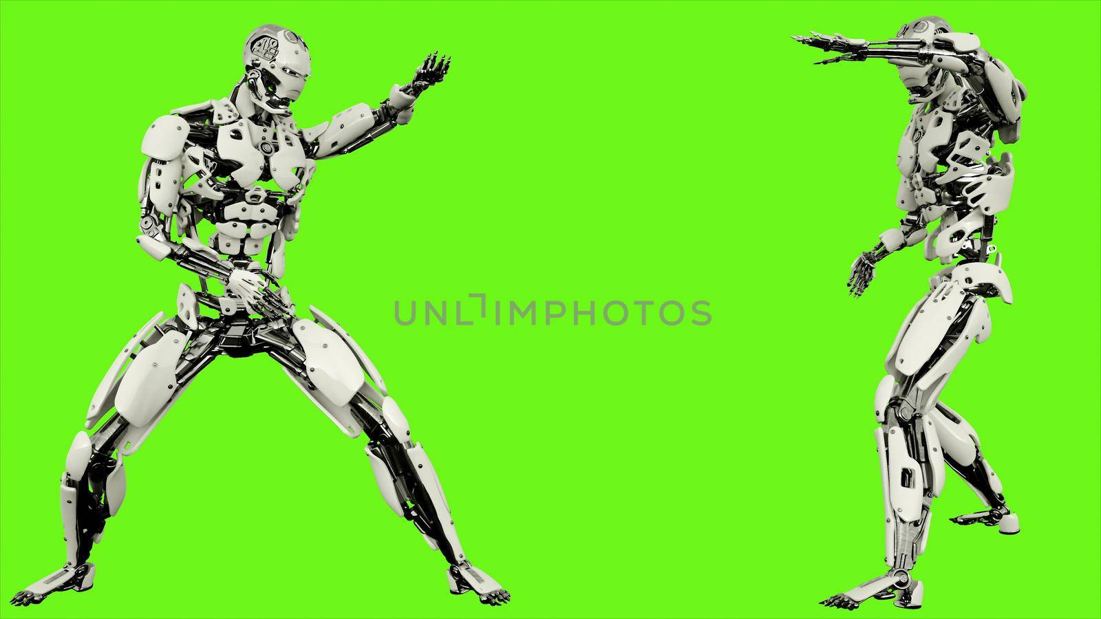 Robot android is shows your fighting skills Illustration on green screen background.