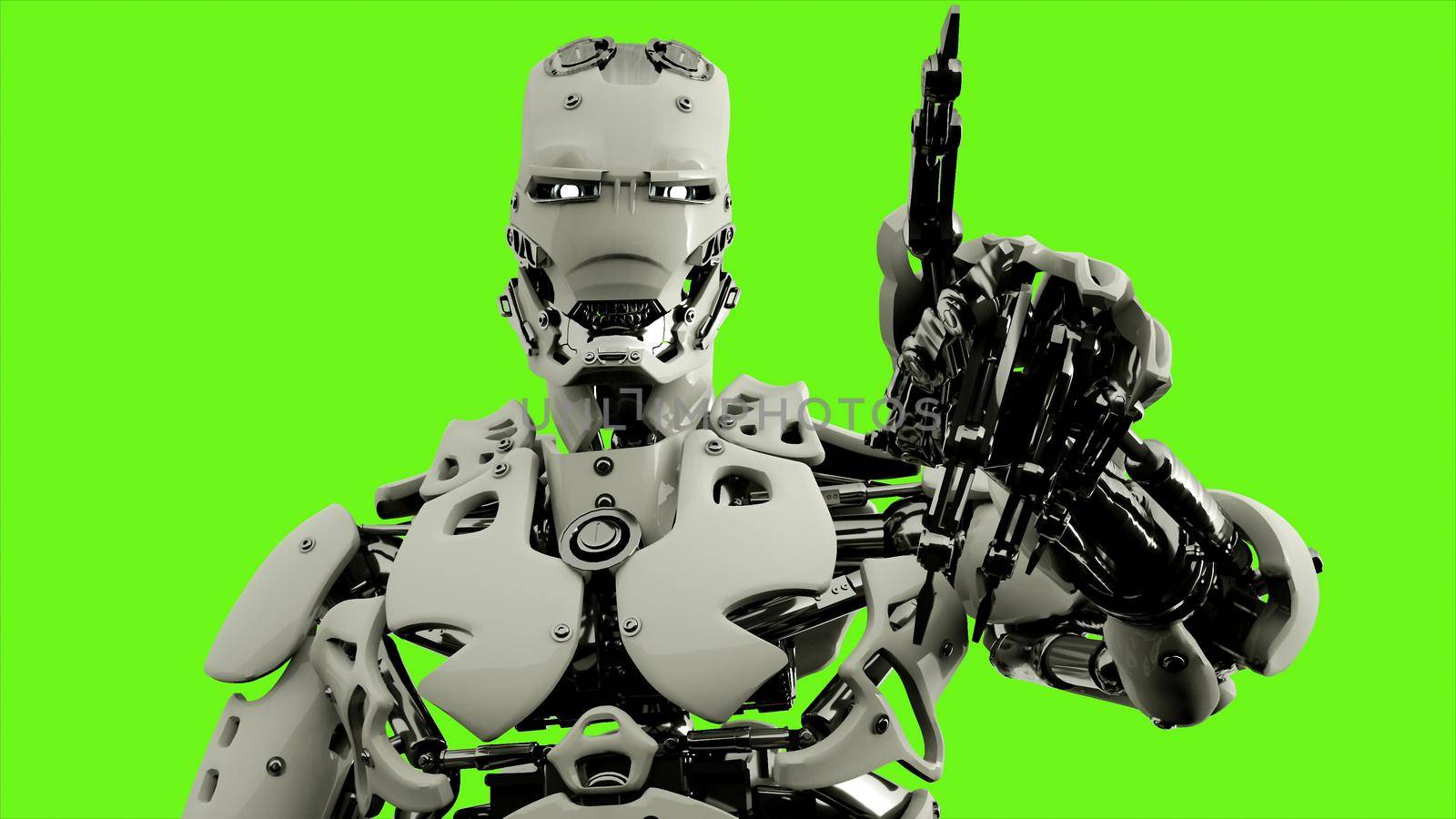 Robot android presses the keys. Illustration on green screen background.