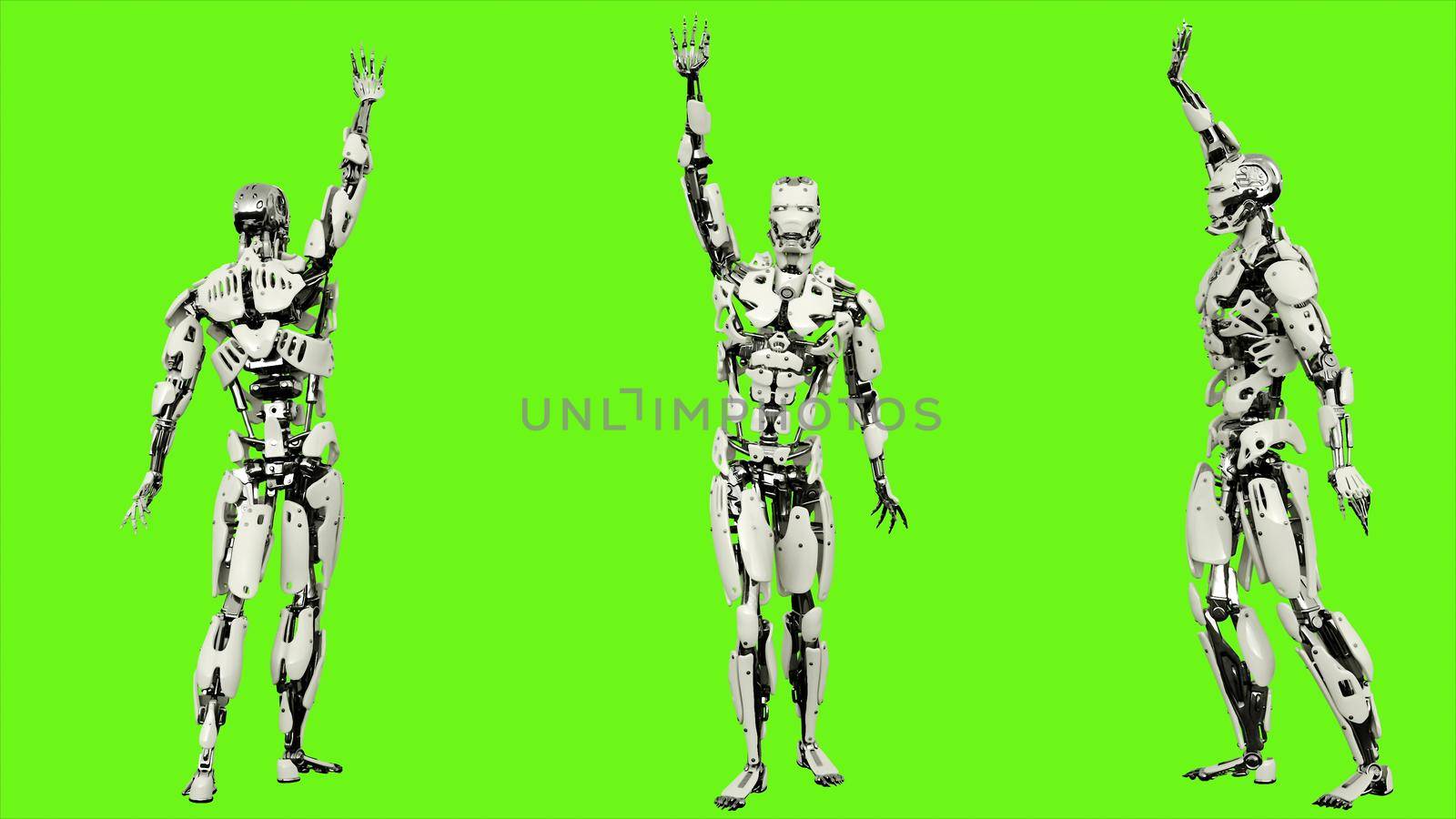 Robot android is waving a greeting. Illustration on green screen background.